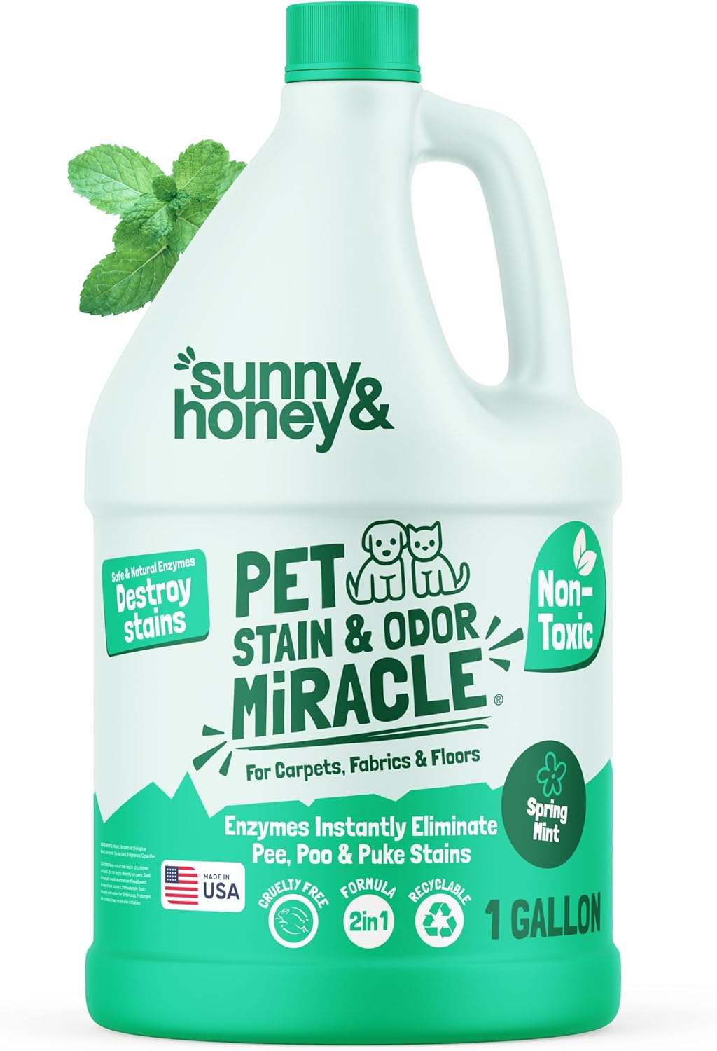 Sunny & Honey Pet Stain & Odor Miracle - 1 Gallon (128 Fl Oz), Spring Mint Scent - Carpet Shampoo