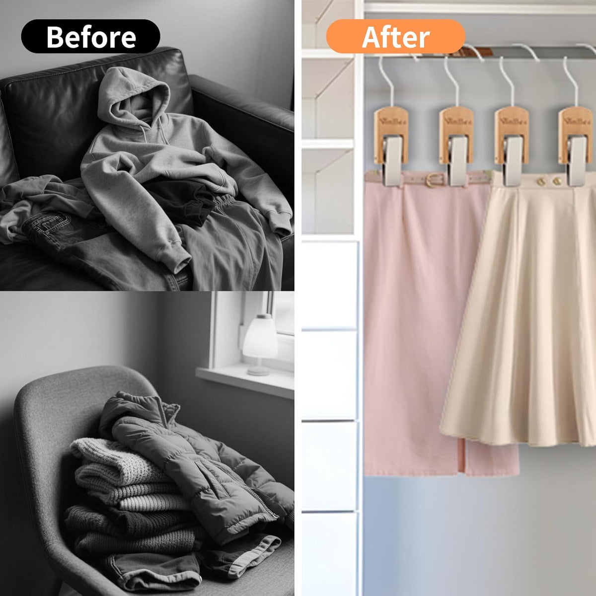 VinBee 6 PCS Hooks with Clips for Hanging,Wooden Laundry Hooks Hanging Clips Hook,Clothes Pins with