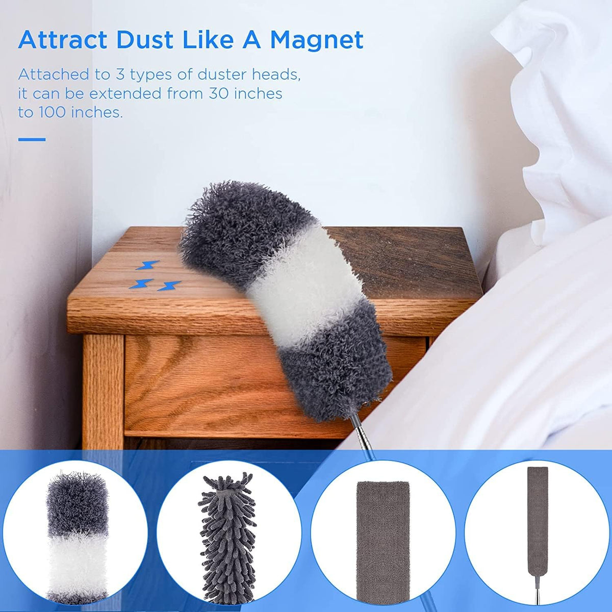 Microfiber Feather Duster Kit with Extension Pole (30–100") – Bendable Washable Heads, Extendable