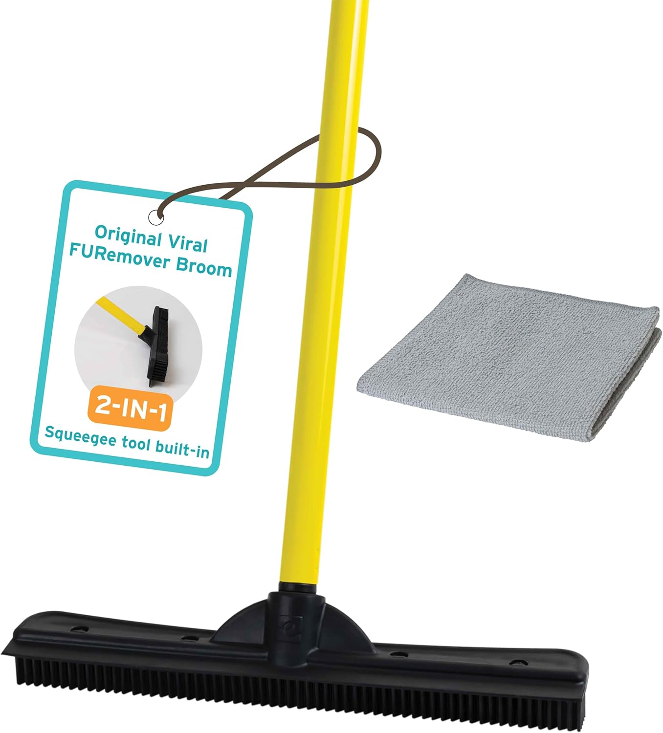 FURemover Original Pet Hair Rubber Broom with Squeegee, with 58” Telescopic Handle for Carpet, Tile