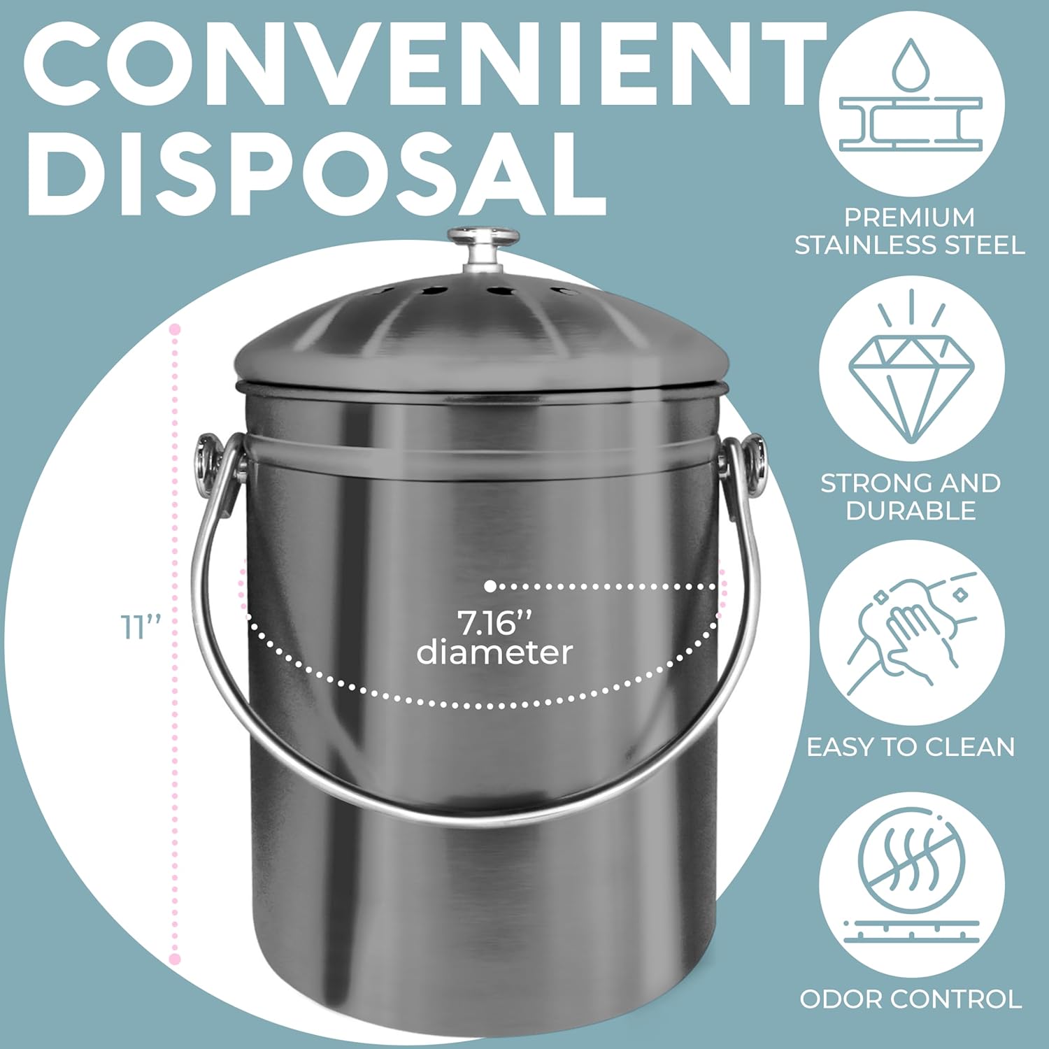 EPICA Countertop Compost Bin Kitchen | 1.3 Gallon | Odorless Composting Bin with Carbon Filters |