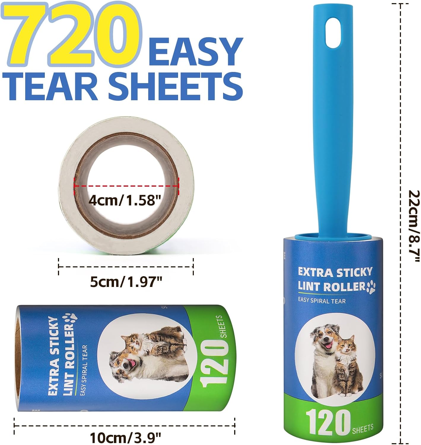 Extra Sticky Lint Roller Refills 6 Pack (720 Sheets) fit 3.8"-4" Standard Size Lint Roller Sticker
