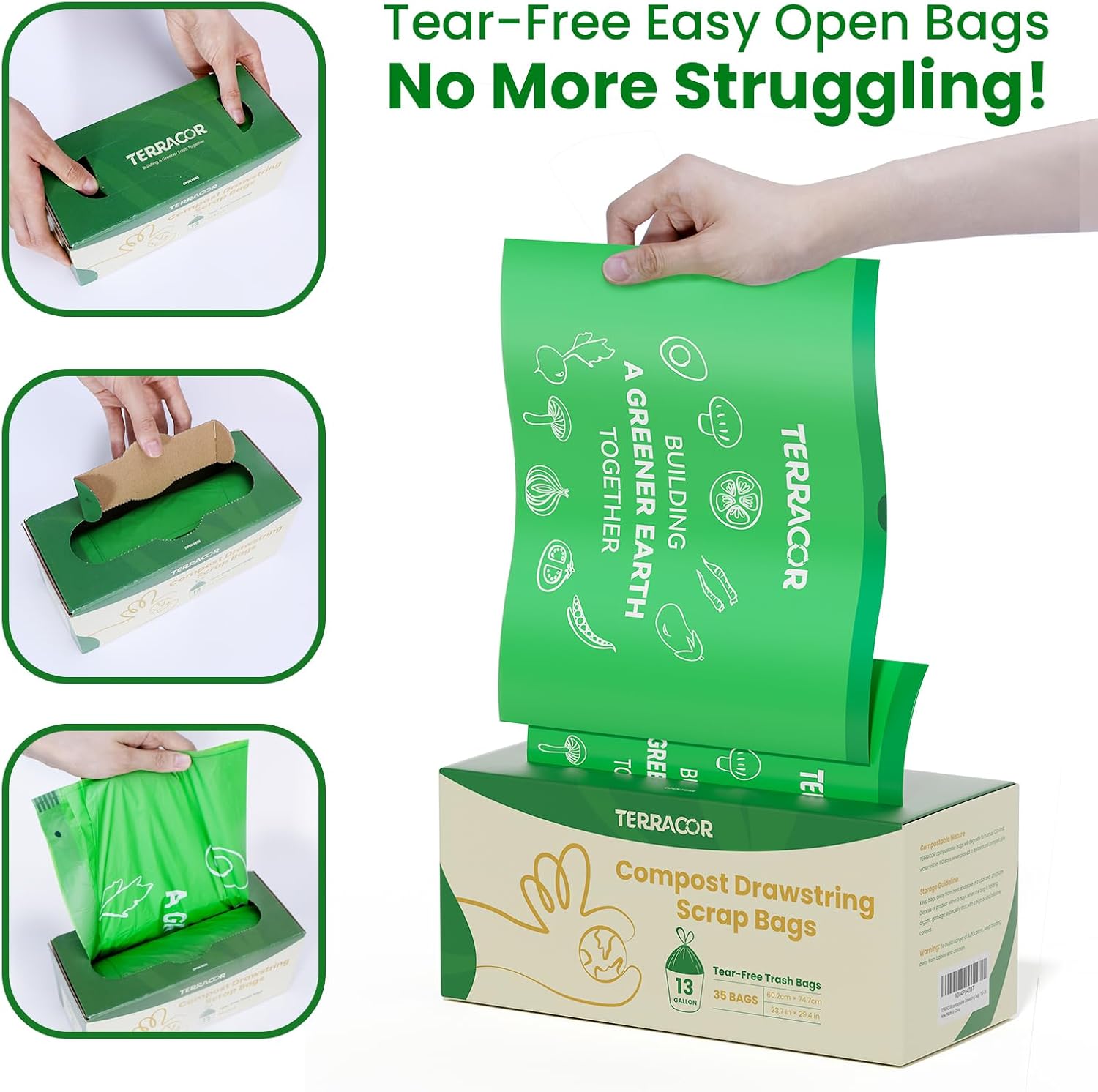13 Gallon Compostable Trash Bags Liners Drawstring, Heavy Duty Extra Thick 1 Mil, 49.21 Liter, 35