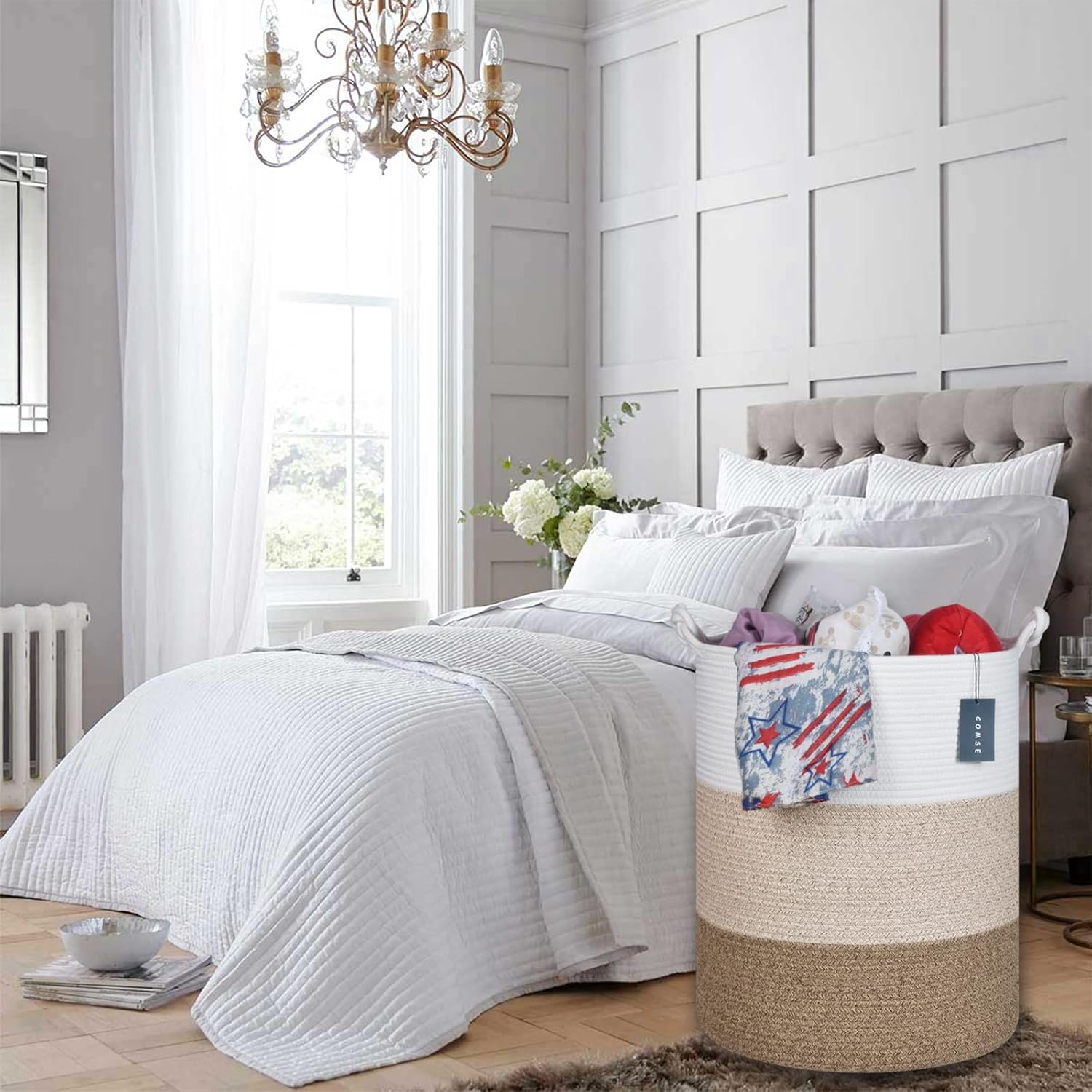 COMSE Extra Large Blanket Basket, Tall Woven Storage Basket, Nursery Hamper, 15.7”x 21.7”, Cotton