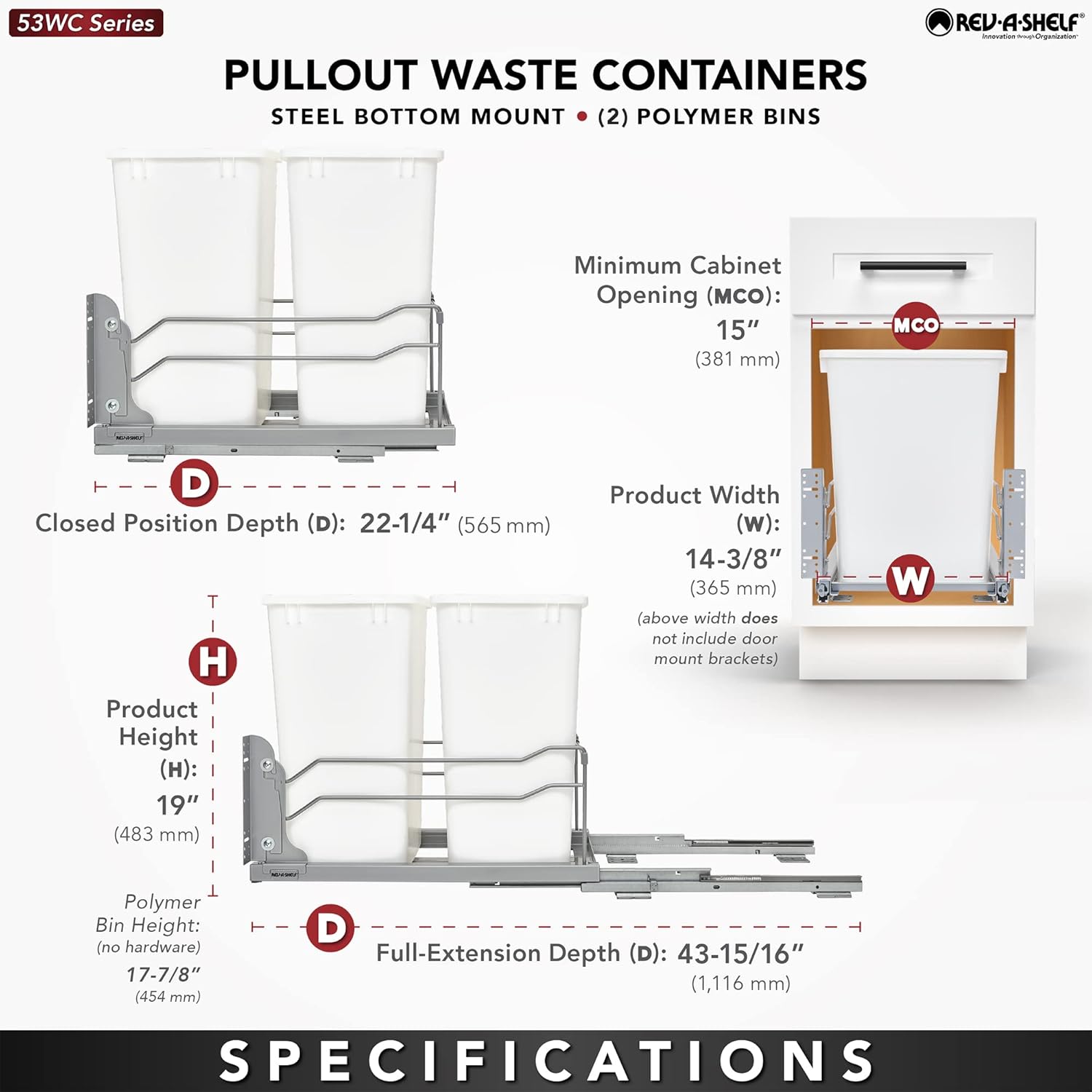 Rev-A-Shelf Double Pullout Trash Cans for Under Kitchen Cabinets 35 Quart 8.75 Gallon with