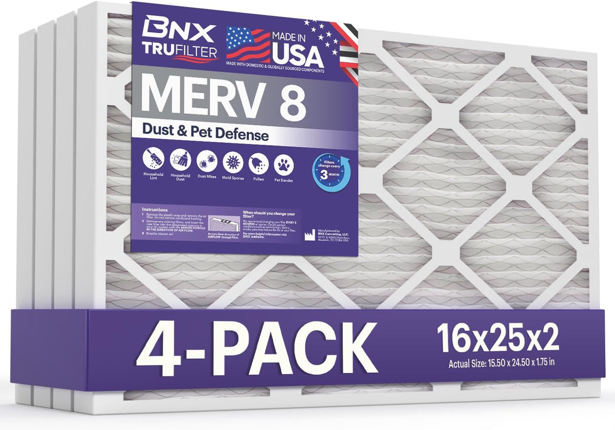 BNX TruFilter 16x25x2 Air Filter MERV 8 (4-Pack) - MADE IN USA – Dust & Pet Defense Electrostatic