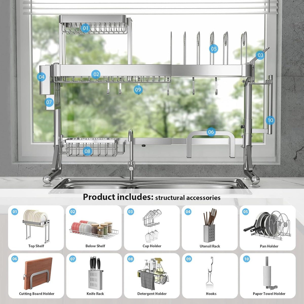 Over Sink Dish Drying Rack, Upgrade 2.5-Tier 304 Stainless Steel Dish Rack Adjustable Length with