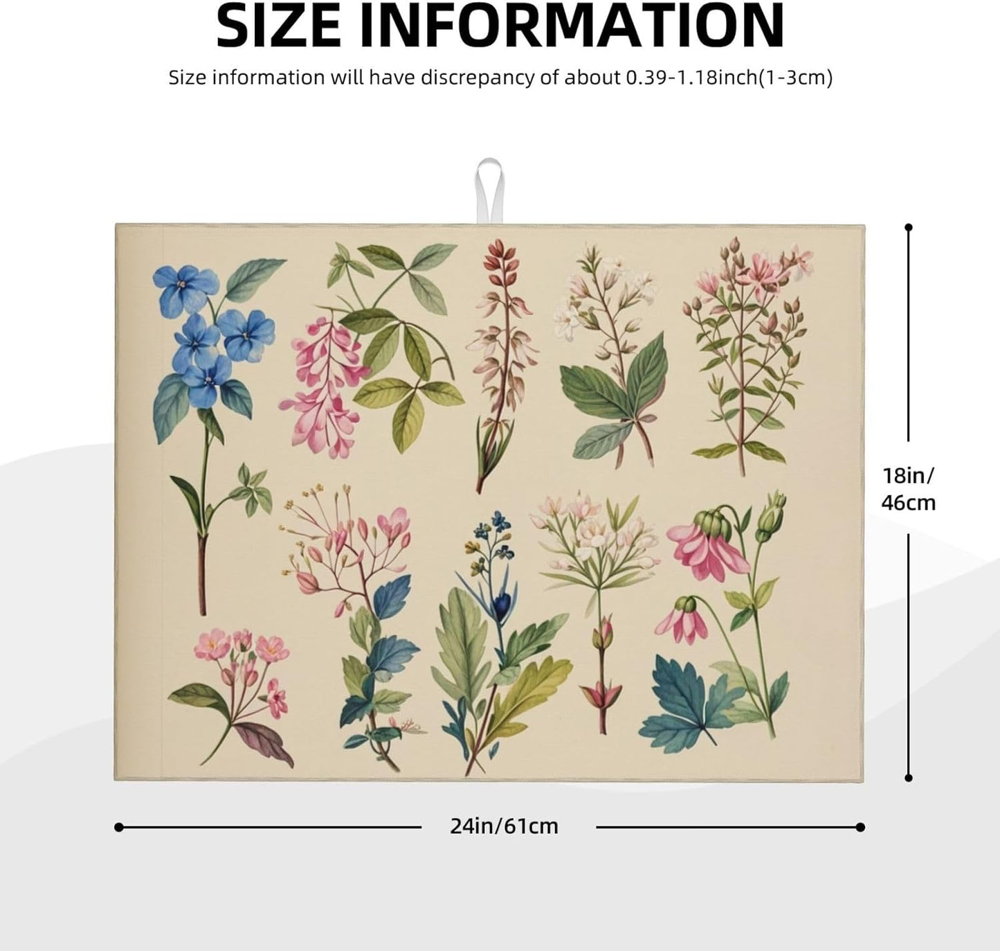 Vintage Plants Herbs Floral Dish Drying Mat Highly Absorbent Double-Sided Microfiber with Hanging