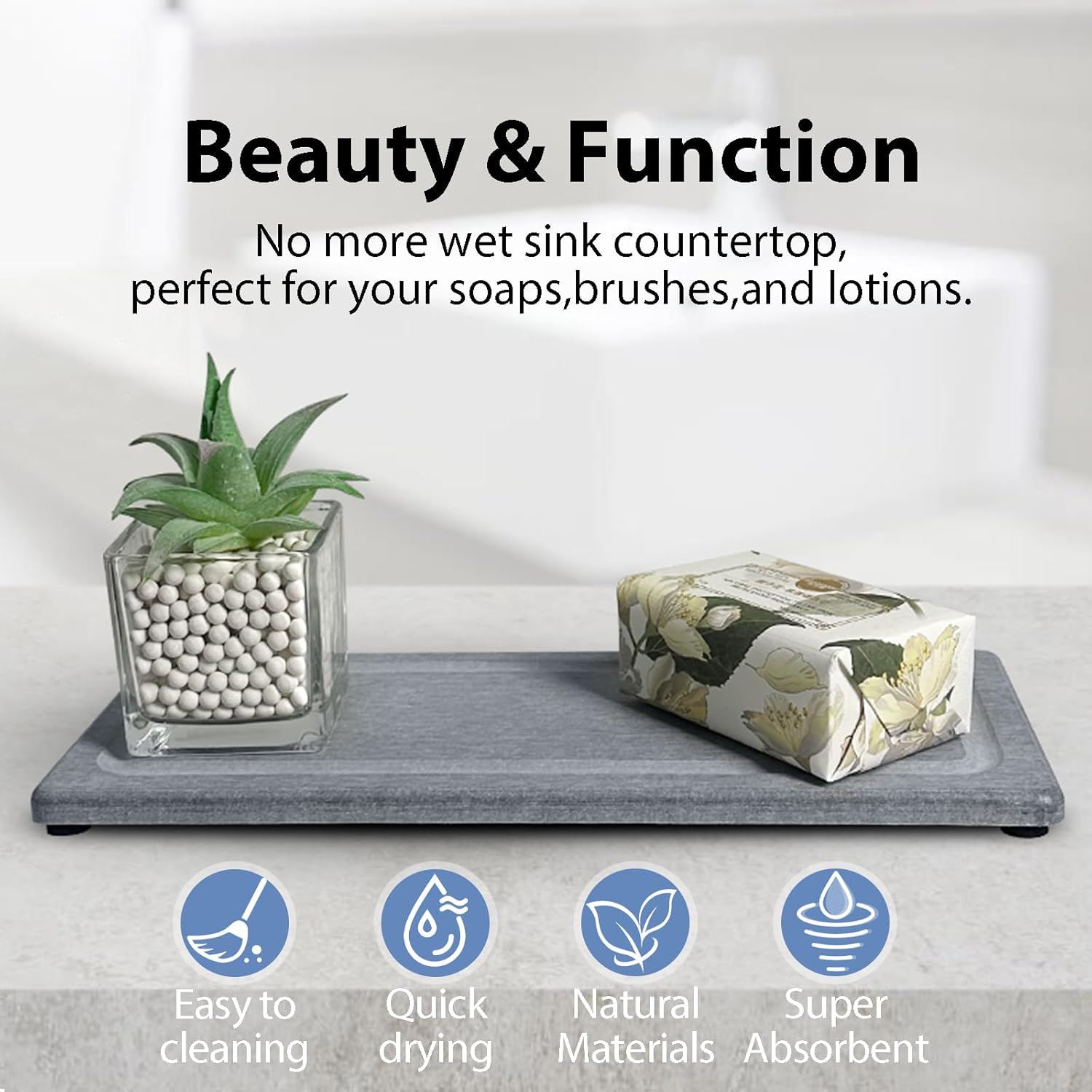 2 PCS Water Absorbing Stone Trays for Bathroom Sink & Kitchen Counter, Fast-Drying Diatomite Sink