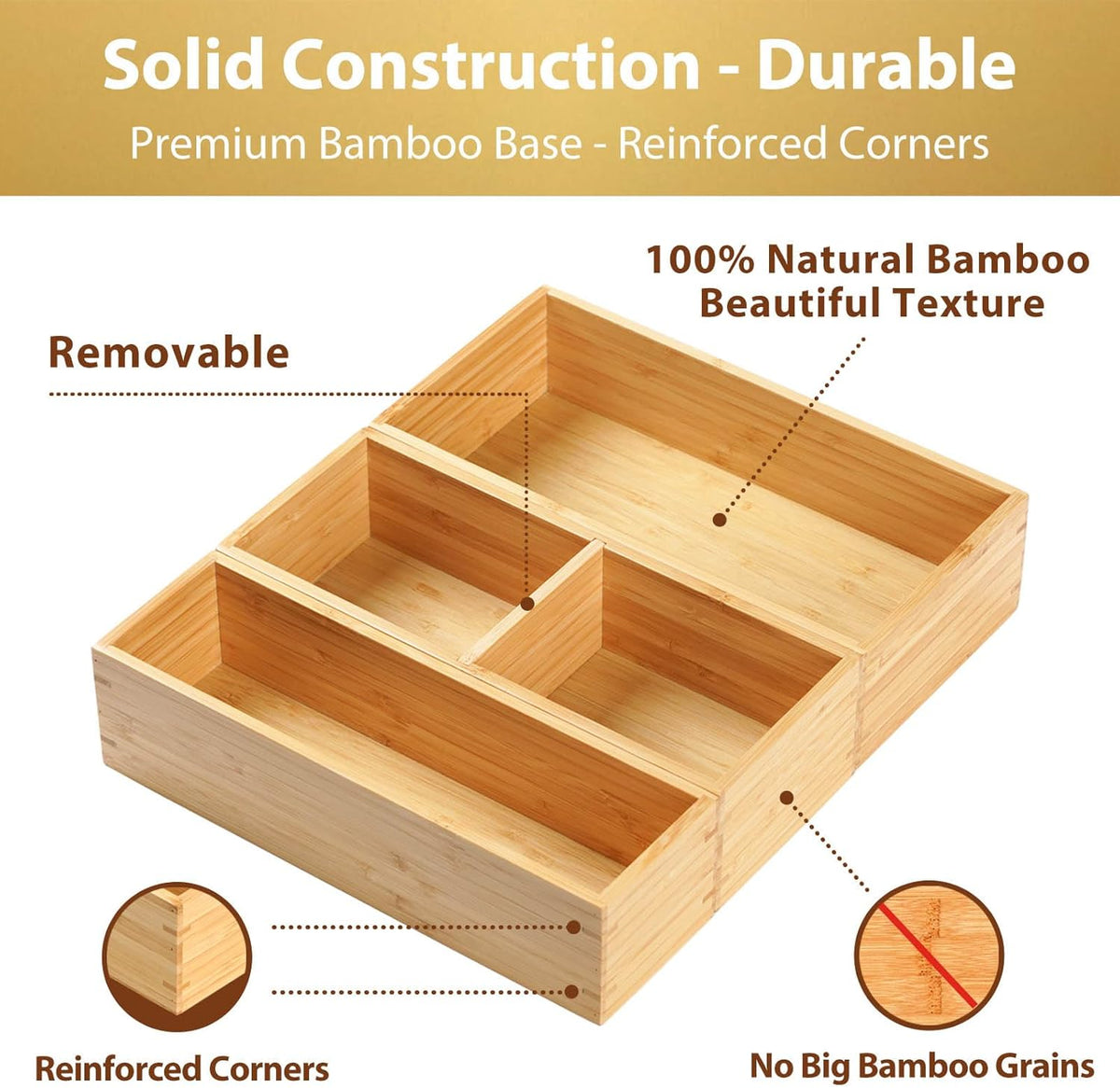 Umilife Drawer Organizer Storage Boxes, 2.5" High Bamboo Drawer Dividers, 3 Rearrangeable Bins for