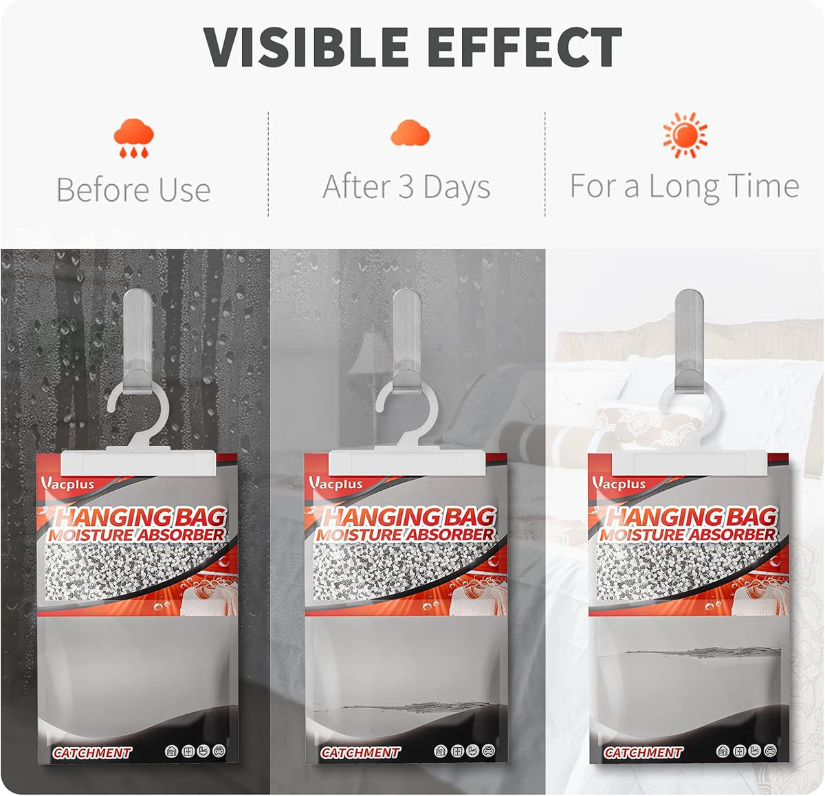Vacplus Moisture Absorbers, Hanging Closet Dehumidifier Bags, Humidity Packs, Desiccant, Closet