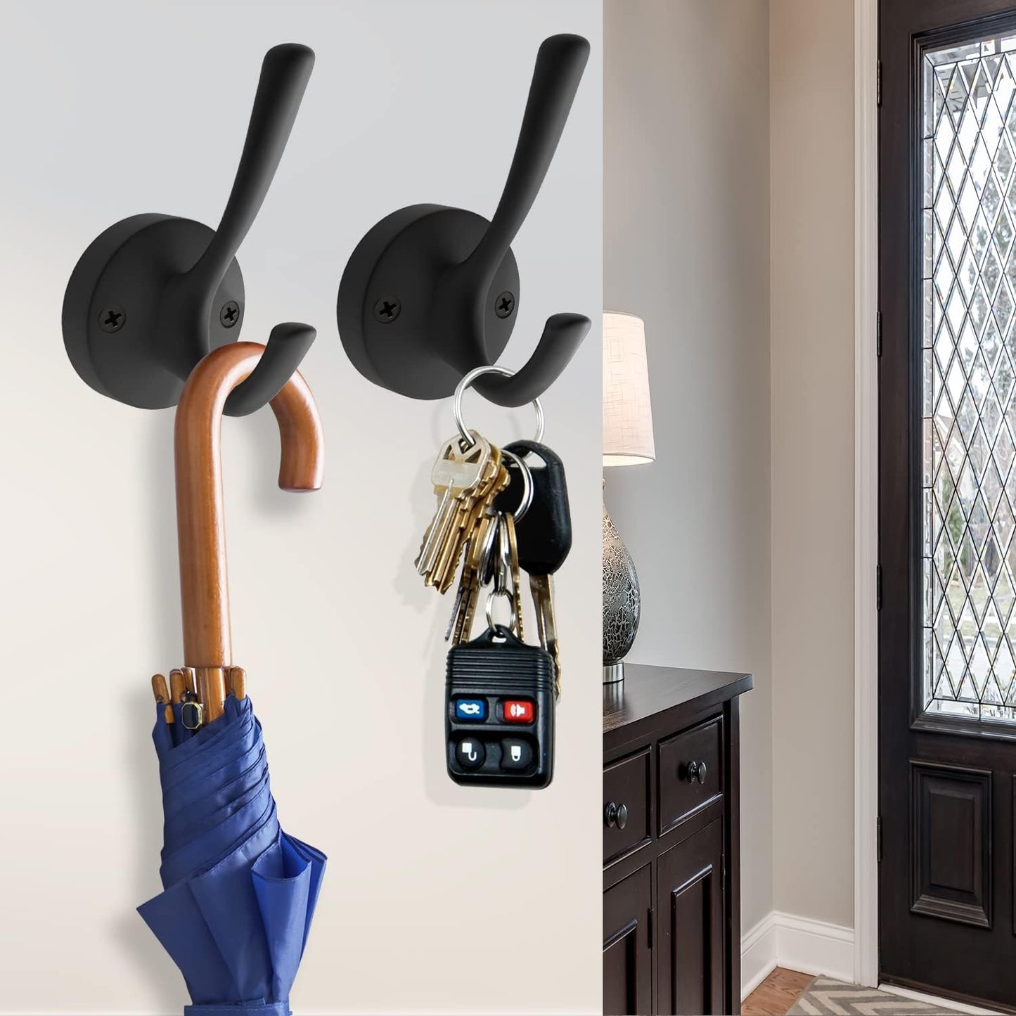 Black Wall Hooks, 6 Pack Coat Towel Hook Heavy Duty Metal Double Bath Robe Hook Wall Mounted, Hat