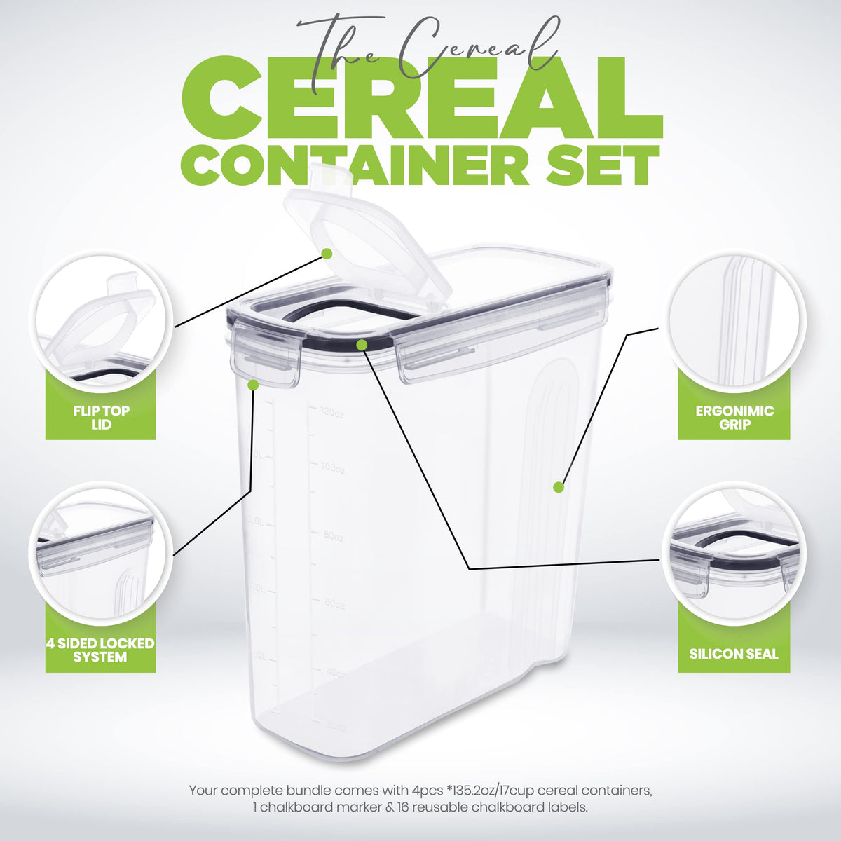 Utopia Kitchen Cereal Containers Storage Set with Lids, 4 Pack, 4L, Clear