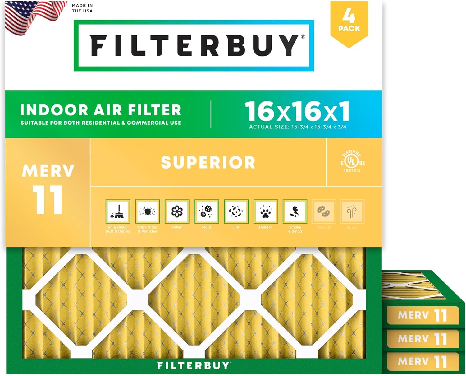 Filterbuy 16x16x1 Air Filter MERV 11 (MPR 1200) Allergen Defense Replacement (4-Pack)