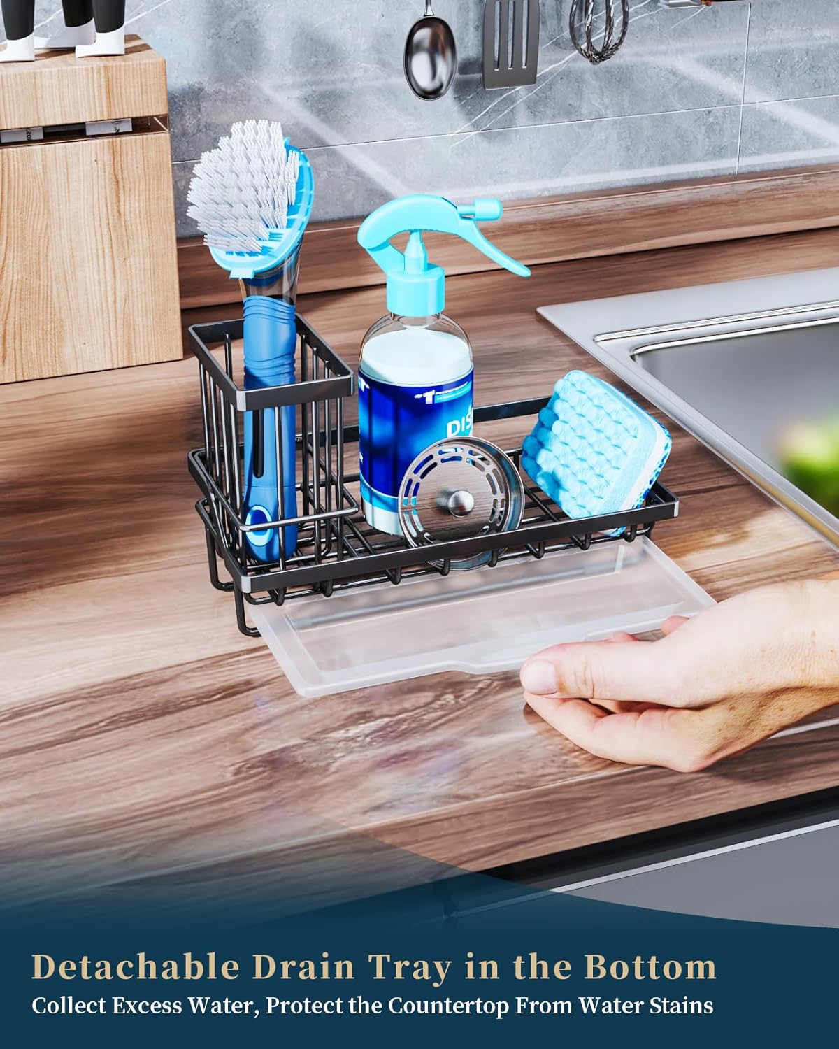 Consumest Sponge Holder for Kitchen Sink - Kitchen Sink Caddy Organizer with Removable Drip Tray