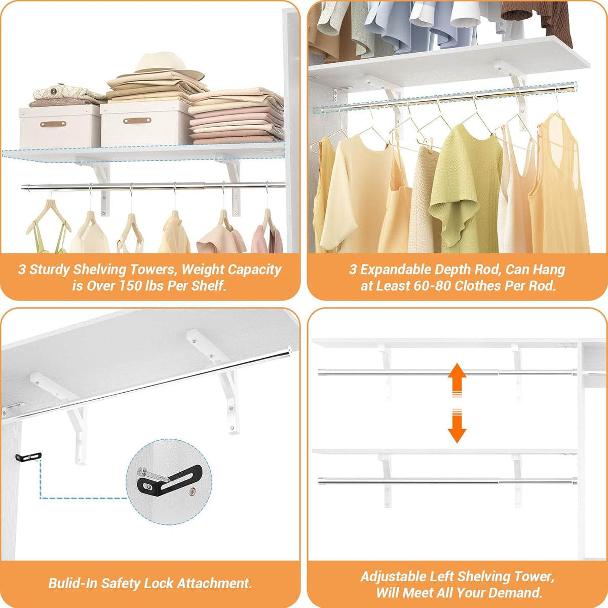 8FT Closet System with Shelves, 96'' Closet Organizer System with 3 Hanging Rods, Wall Mount