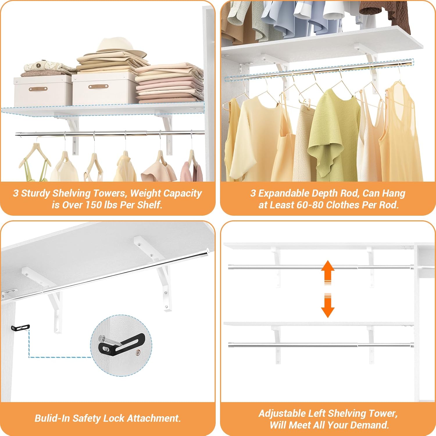 8FT Closet System with Shelves, 96'' Closet Organizer System with 3 Hanging Rods, Wall Mount