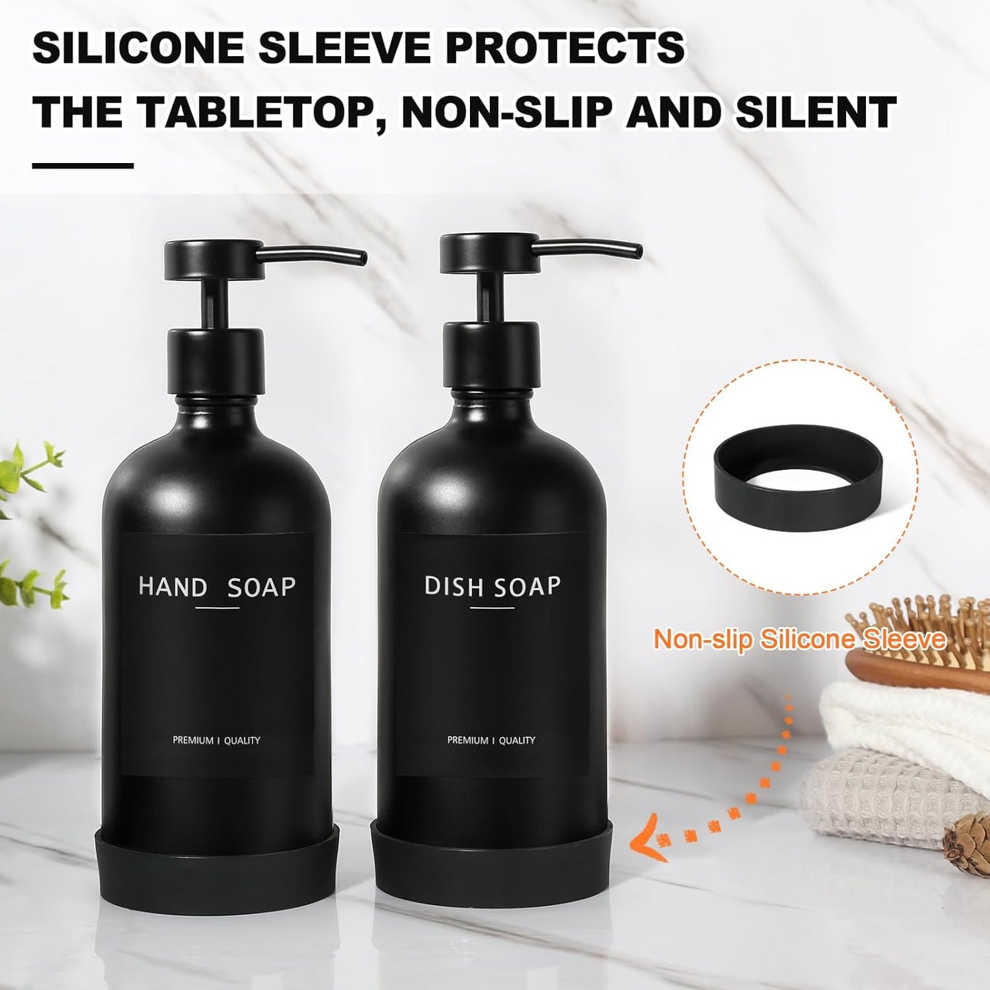 Black Glass Soap Dispenser with Stainless Steel Pump, 16.9 Fl oz Soap Dispenser Set for Kitchen