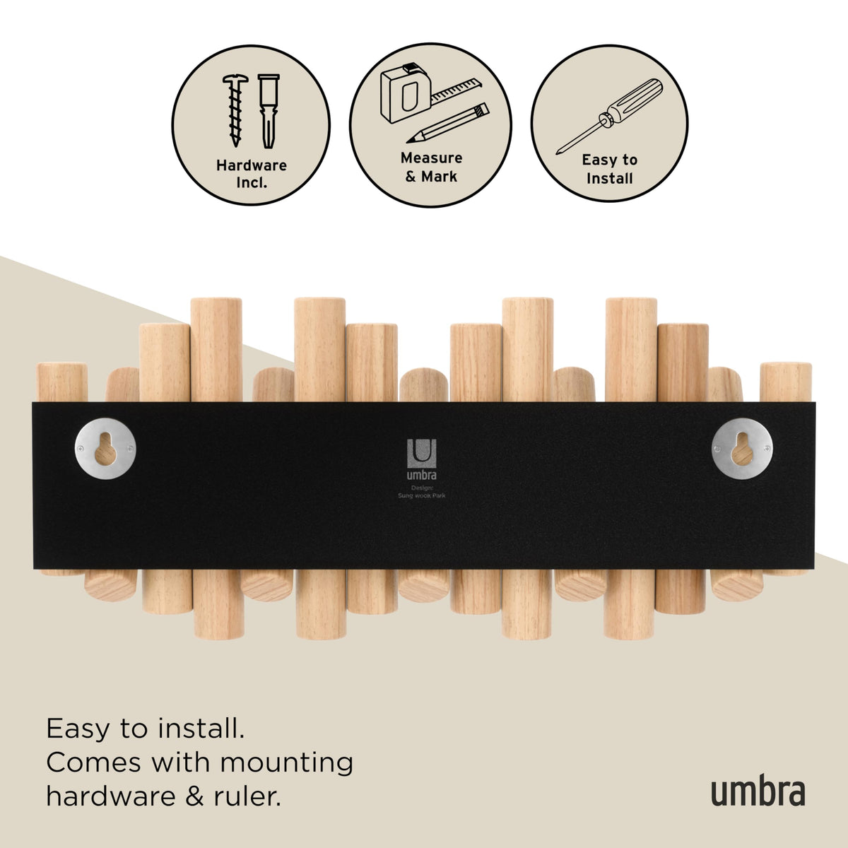 Umbra Picket Coat Rack, Wall Mount 5 Flip-Down Coat Hooks, Natural