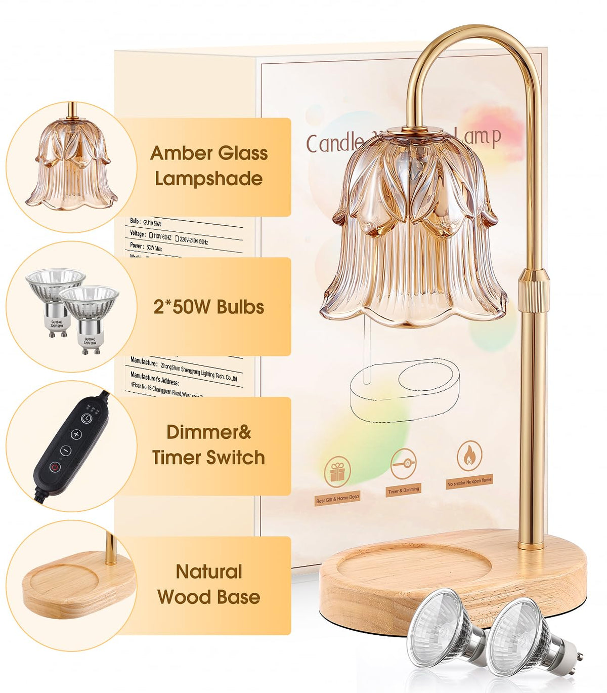 Candle Warmer Lamp Adjustable Timer - Electric Flower Glass Candles Light