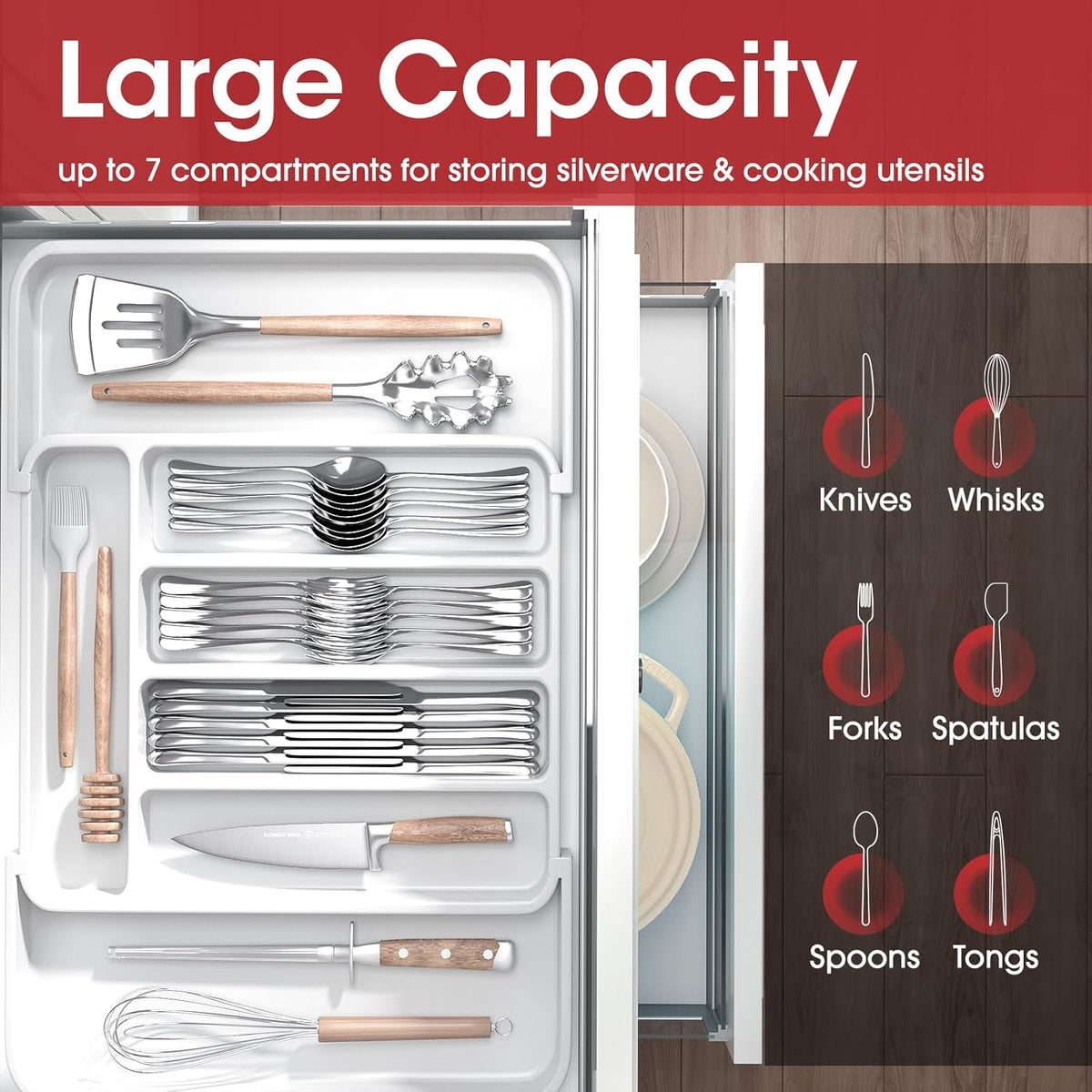 Aujen Silverware Organizer - Expandable Kitchen Drawer Organizer, Adjustable Utensil Organizer