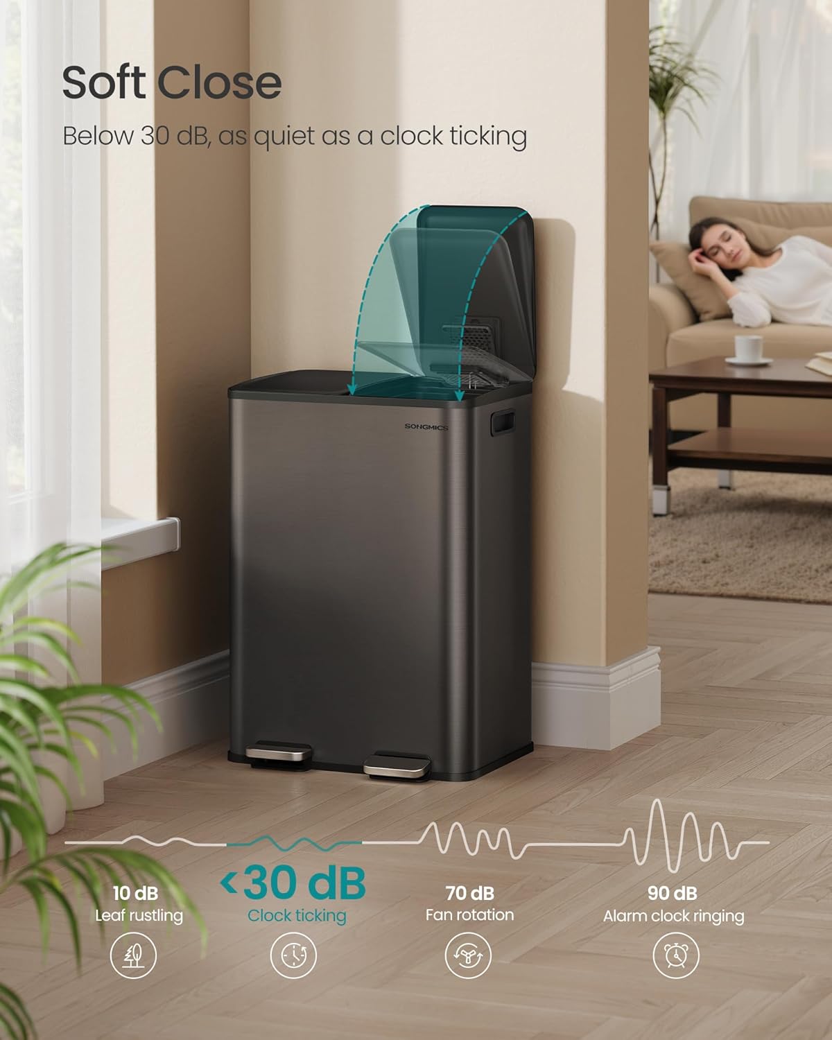 SONGMICS Trash Can, 2 x 8 Gallon (2 x 30 L) Dual-Compartment Garbage Can with Soft-Close Lid, Pedal