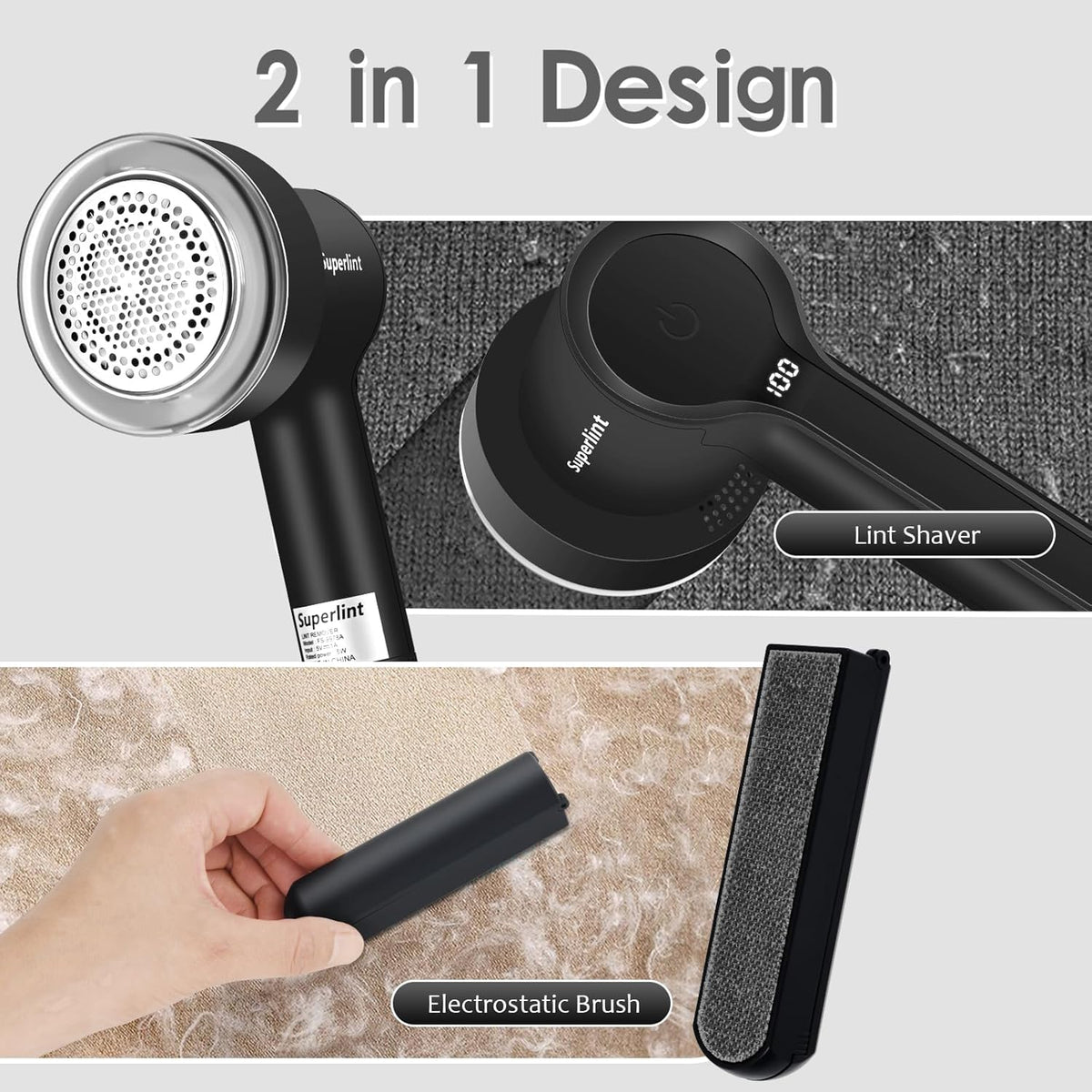 SUPER LINT Electric Fabric Shaver Electrostatic Brush, LED Display, 3-Speeds, Rechargeable Sweater