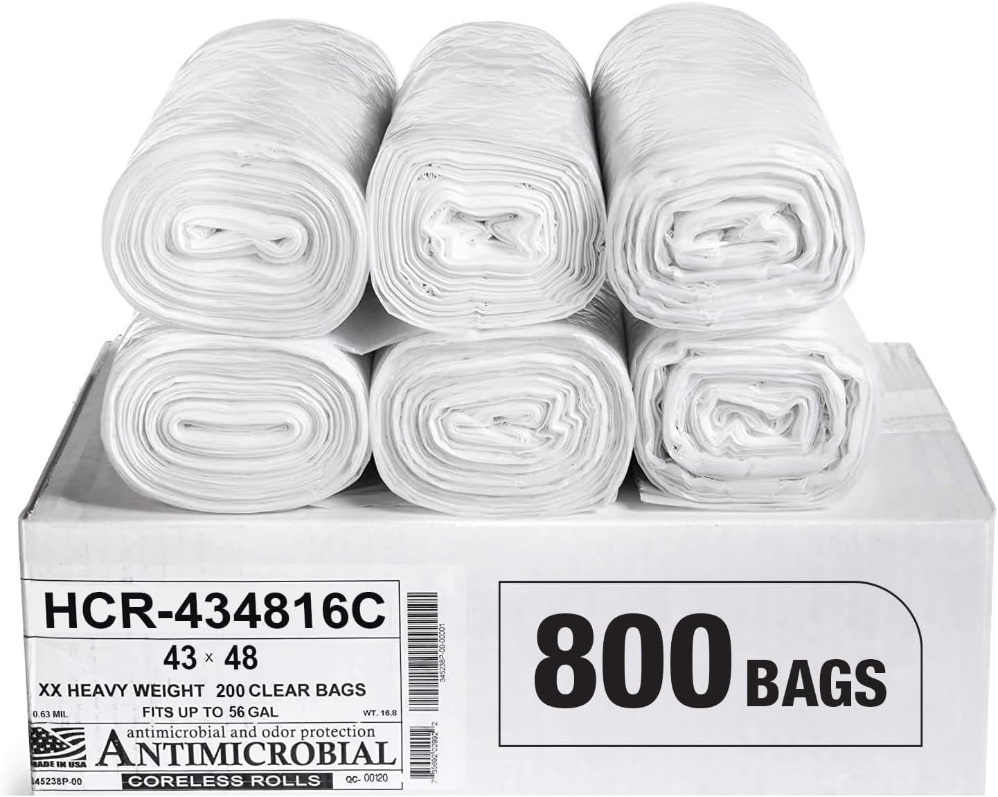 Aluf Plastics High Density Trash Bags, 56 Gallon, 800 Count, 16 Micron (eq), 43" x 48", Clear, for