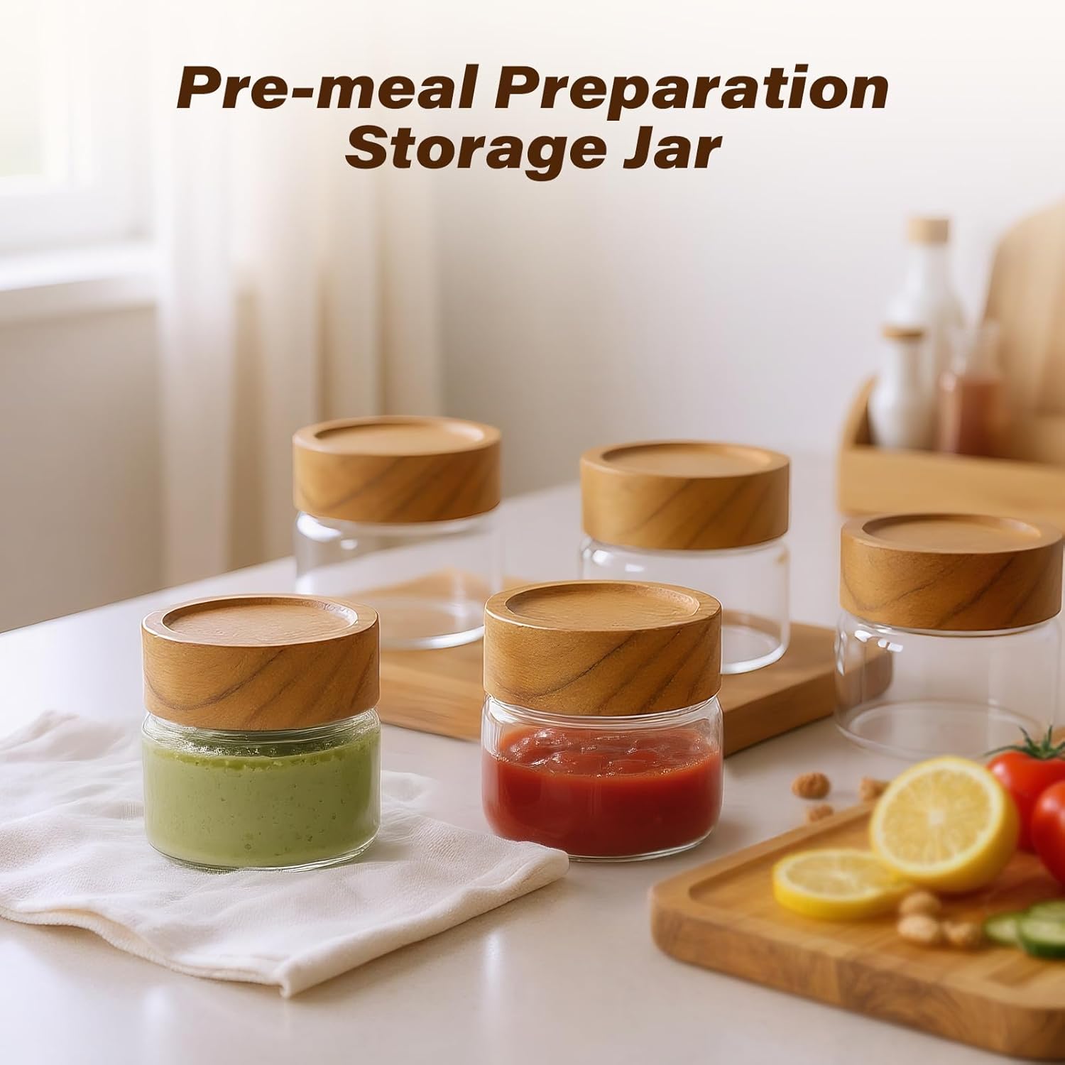 6-Pack 4 oz Stackable Airtight Glass Canisters with Acacia Lids - Small Mason Jars for Overnight