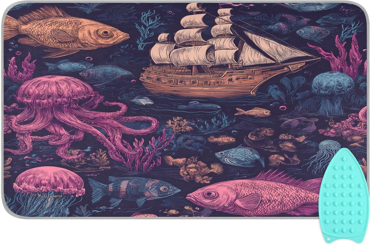 Red Blue Pirate Ship and Fish Ironing Mat Thickened Ironing Blanket Travel Portable Double-Side