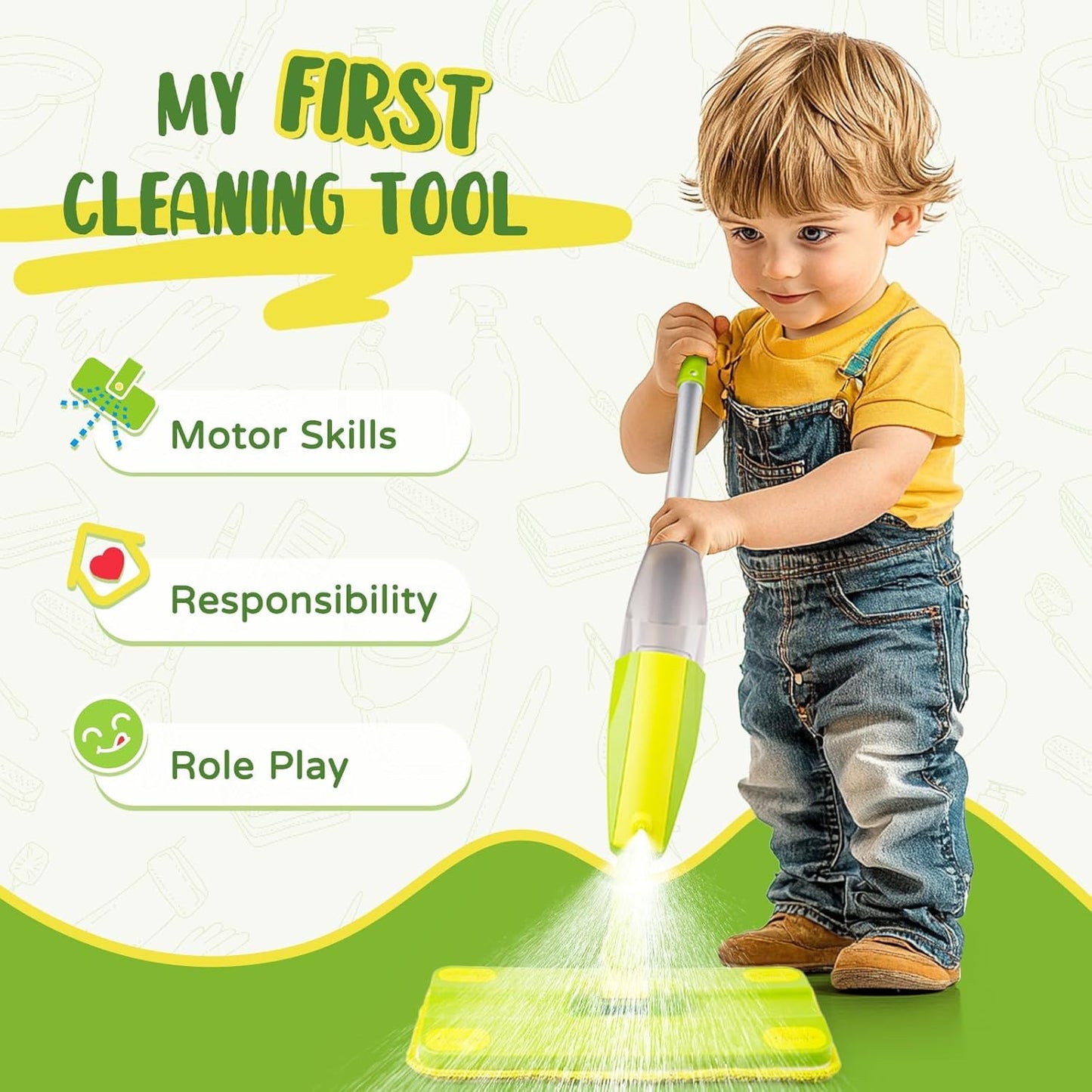 Toddler Spray Mop-Montessori Toys Mini Size Cleaning Mini Mop That Really Spray -Kid Pretend Play