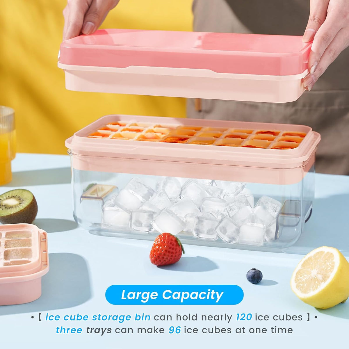 PHINOX Ice Cube Tray with Lid and Bin, 3 Pack Plastic Ice Cube Tray Molds, 96(4 * 8 * 3) pcs Ice