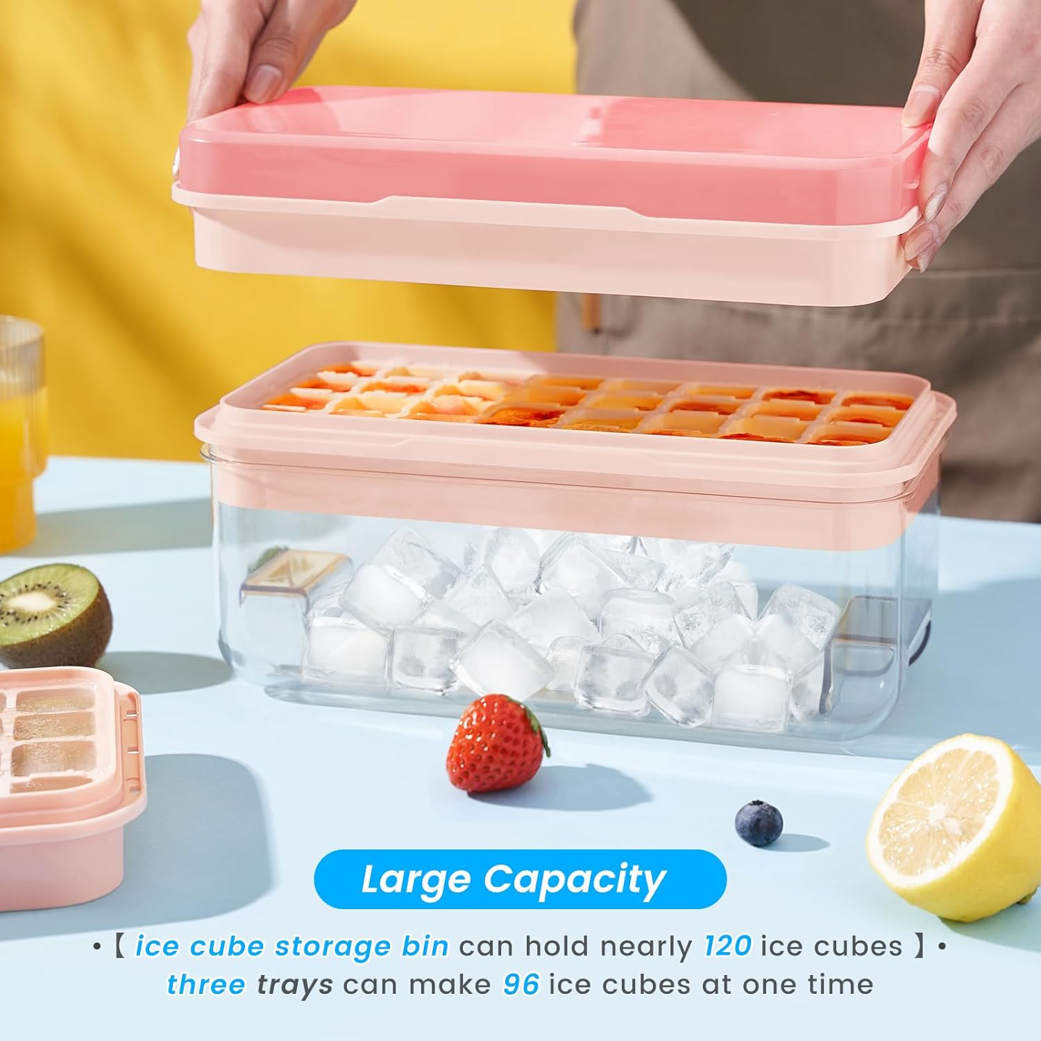 PHINOX Ice Cube Tray with Lid and Bin, 3 Pack Plastic Ice Cube Tray Molds, 96(4 * 8 * 3) pcs Ice