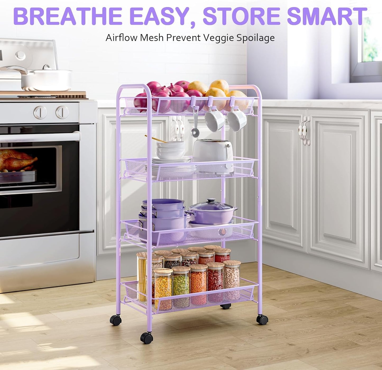 TOOLF 4-Tier Rolling Cart, Metal Utility Cart with 3 Hooks, Easy Assemble Mobile Storage Trolley On