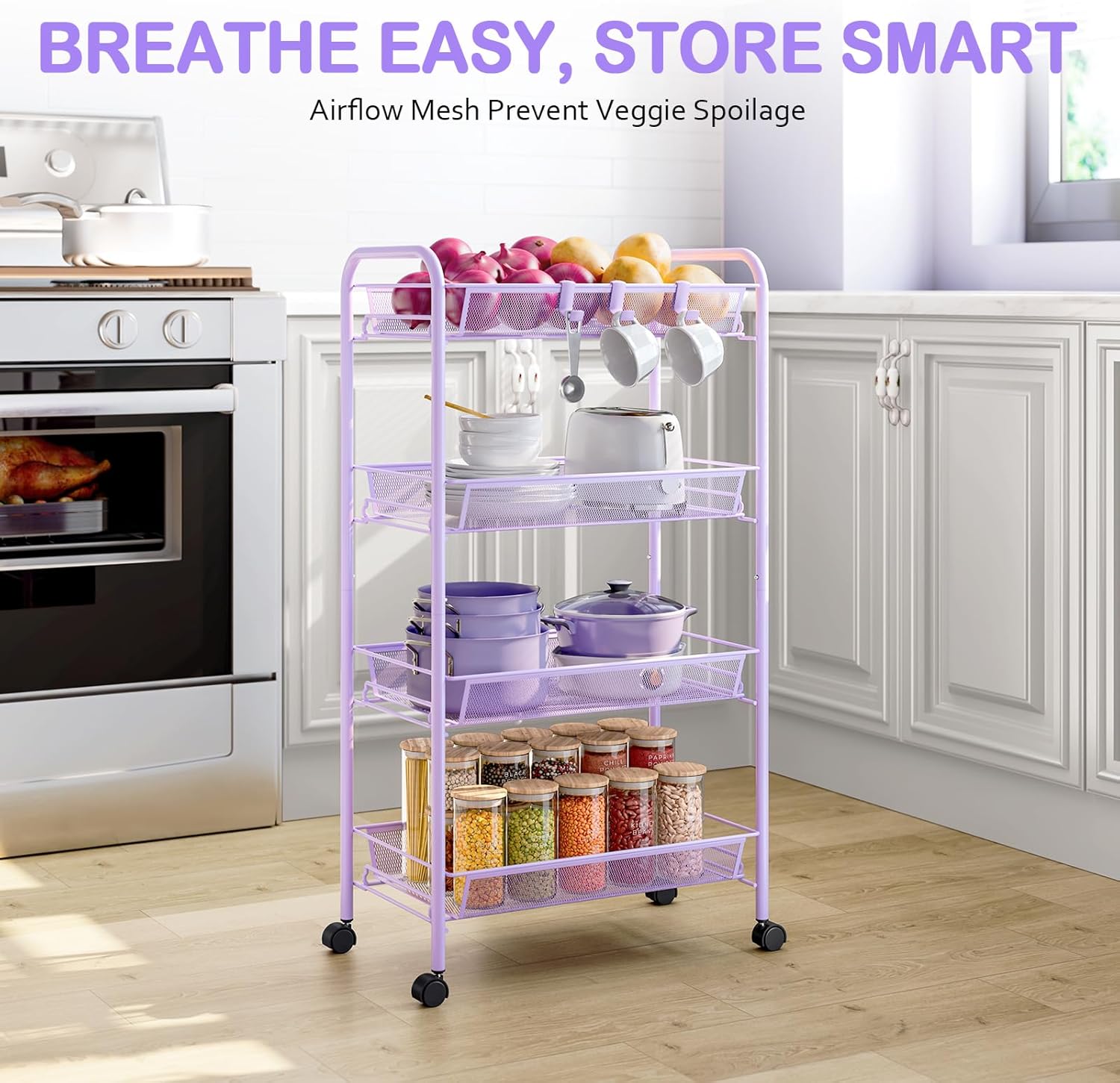 TOOLF 4-Tier Rolling Cart, Metal Utility Cart with 3 Hooks, Easy Assemble Mobile Storage Trolley On
