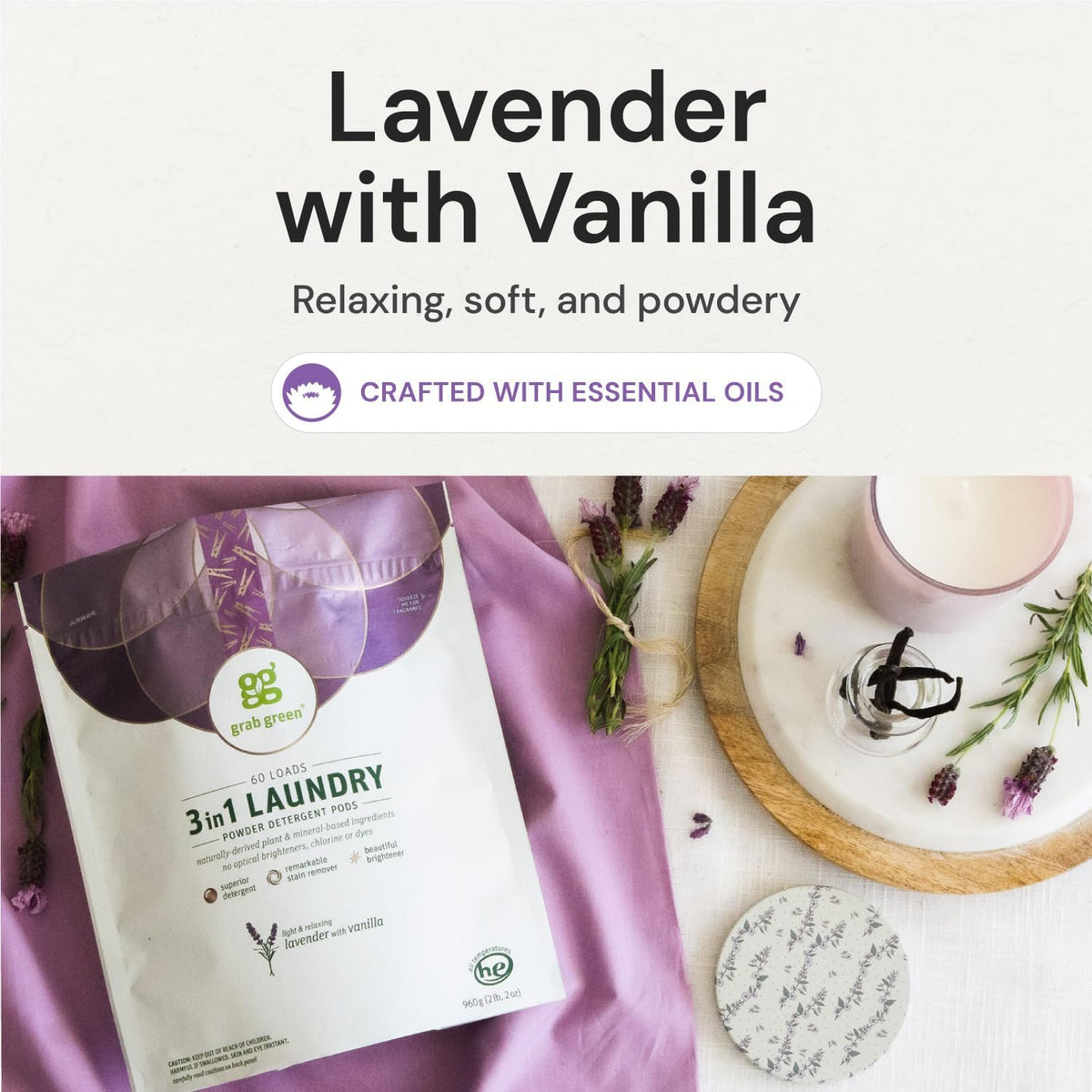 Grab Green 3-in-1 Laundry Detergent Pods, 132 Count, Lavender Vanilla Scent, Plant and Mineral