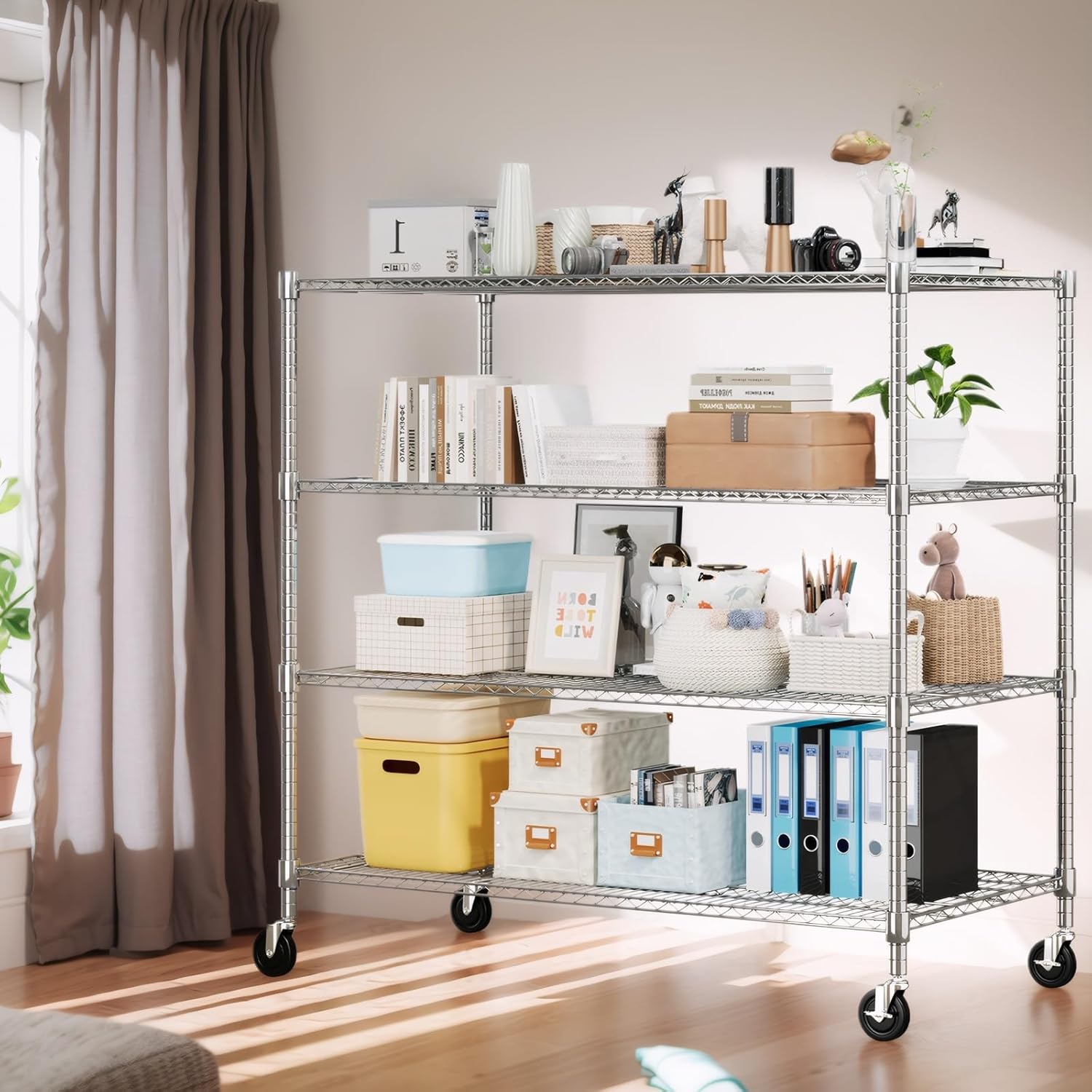 Himimi 4 Tier Wire Shelving with Wheels Heavy Duty Height Adjustable Metal Shelves for Storage