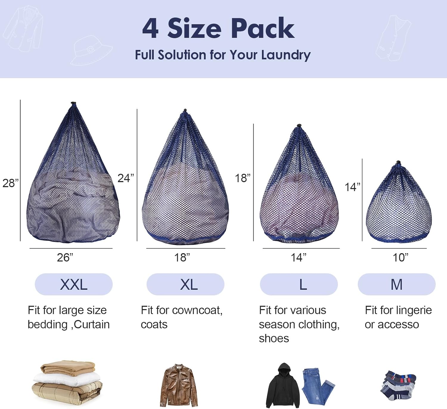 4Pcs Mesh Laundry Bags Washing Machine Mesh Wash Bags for Clothes,Underwear,Lingerie, Bed Linen