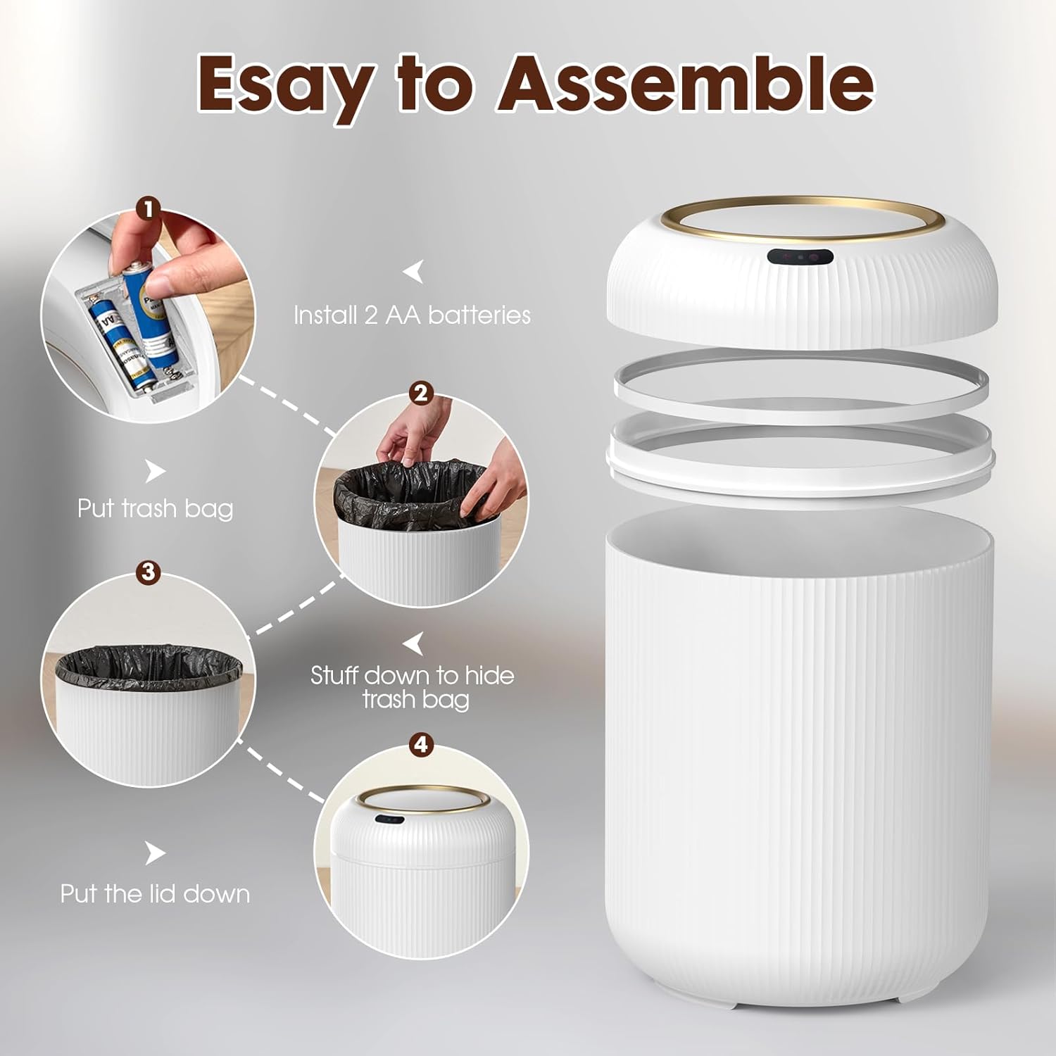 Procade Motion Sensor Trash Can with Lid, 3 Gallon Electric Bathroom Garbage can, Small White
