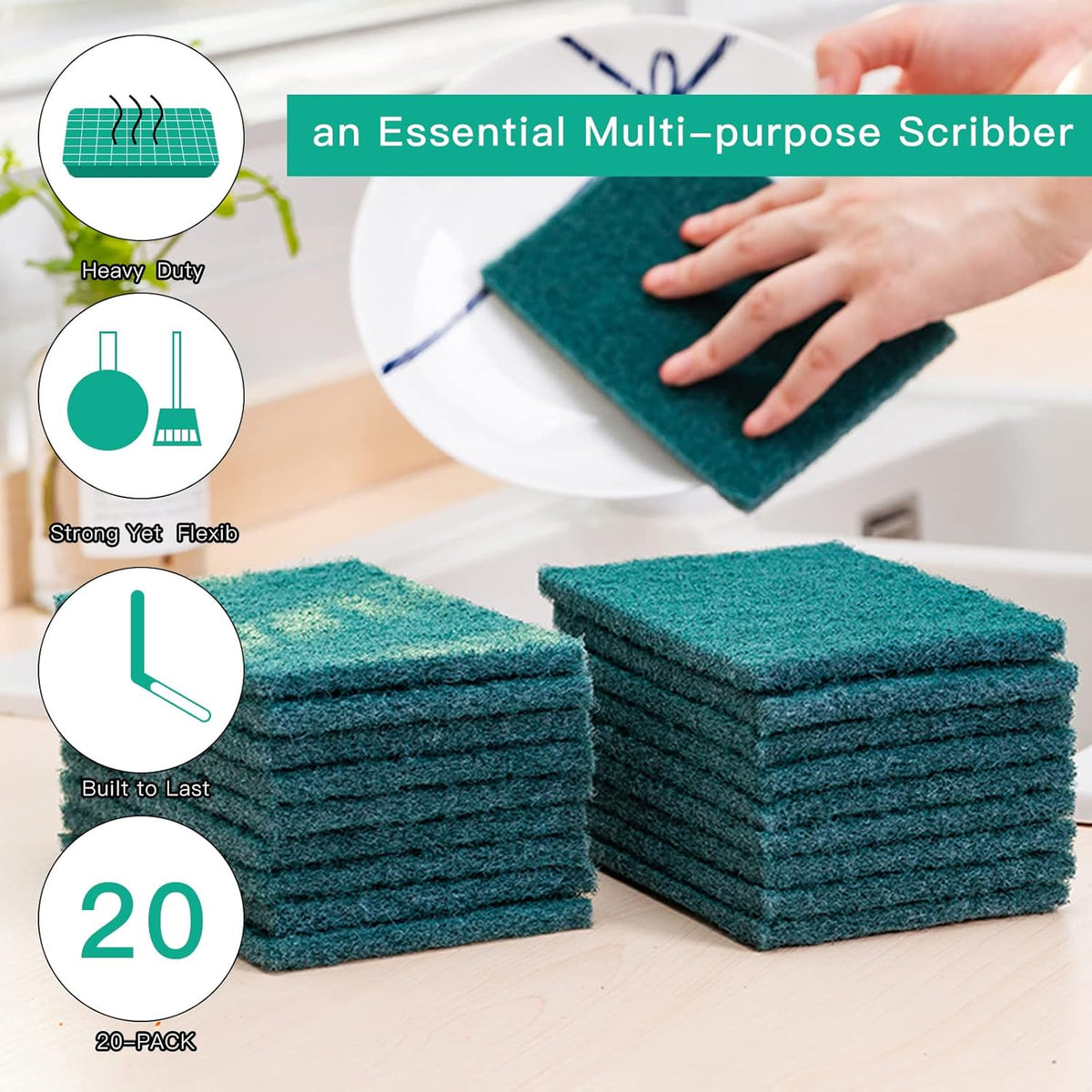 Heavy Duty Scour Pads Sponge Dish Scrubber Non-Scratch Green Reusable Household Scrub Pads for