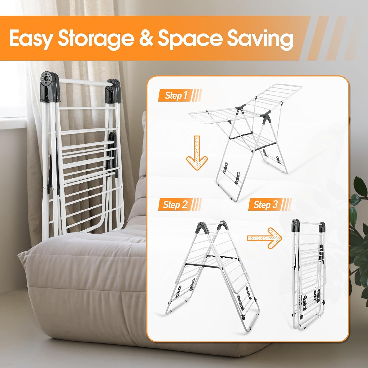 Clothes Drying Rack Foldable, Metal Laundry Drying Rack, with Height-Adjustable Wings, Space