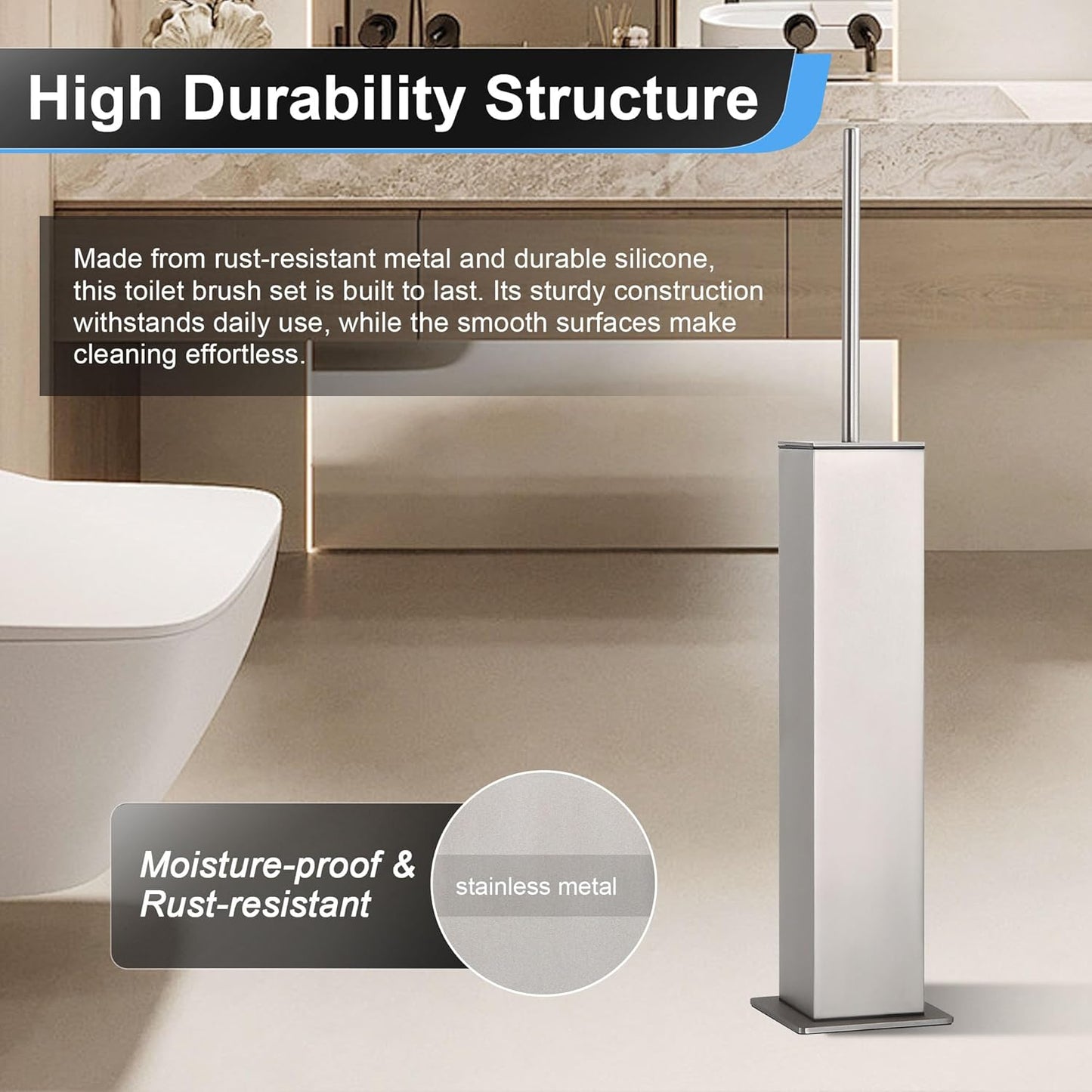 BVL Toilet Brush and Holder Set Brushed Nickel Stainless Steel 304 Square Freestanding Toilet Brush