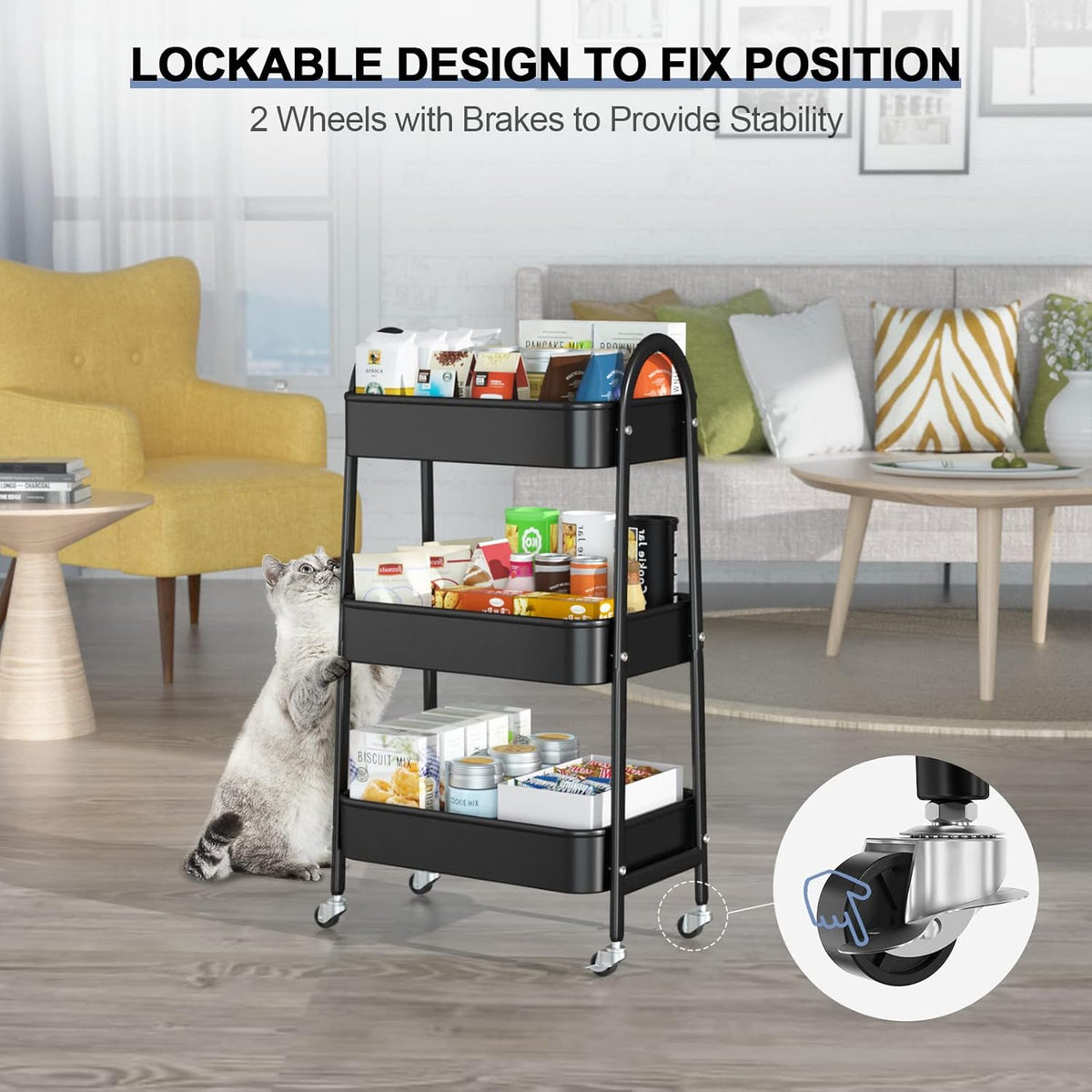 EAGMAK 3 Tier Utility Rolling Cart, Metal Storage Cart with Handle and Lockable Wheels