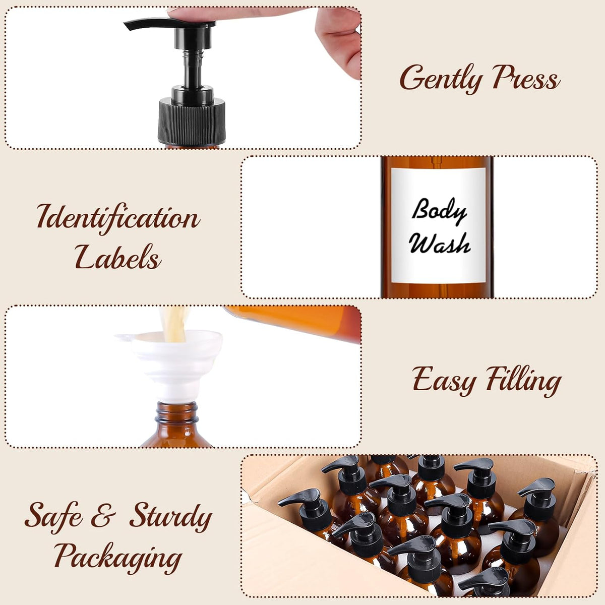 12 Pack Amber Glass Bottles 8oz with Pump Dispensers, Refillable Empty Pump Bottles for Bathroom