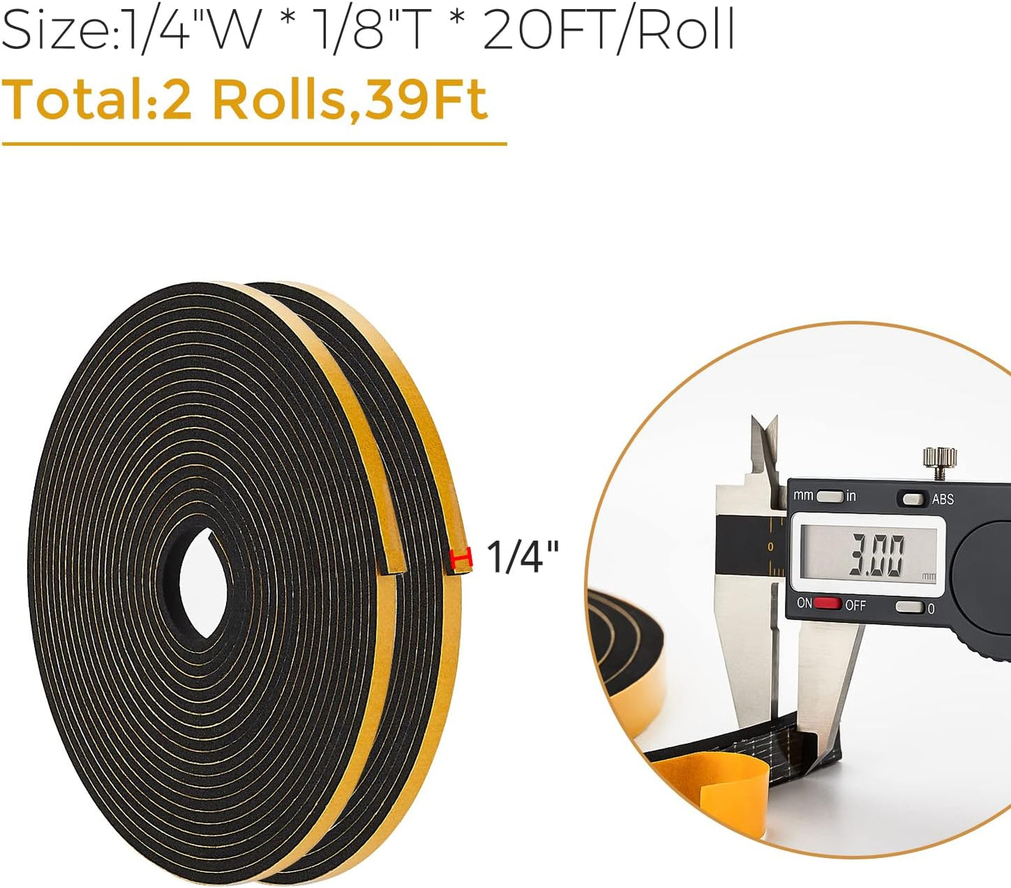 39 Feet Weather Stripping Door Seal, 1/4" Wide X 1/8" Thick Door Seal Strip High Density Foam Tape