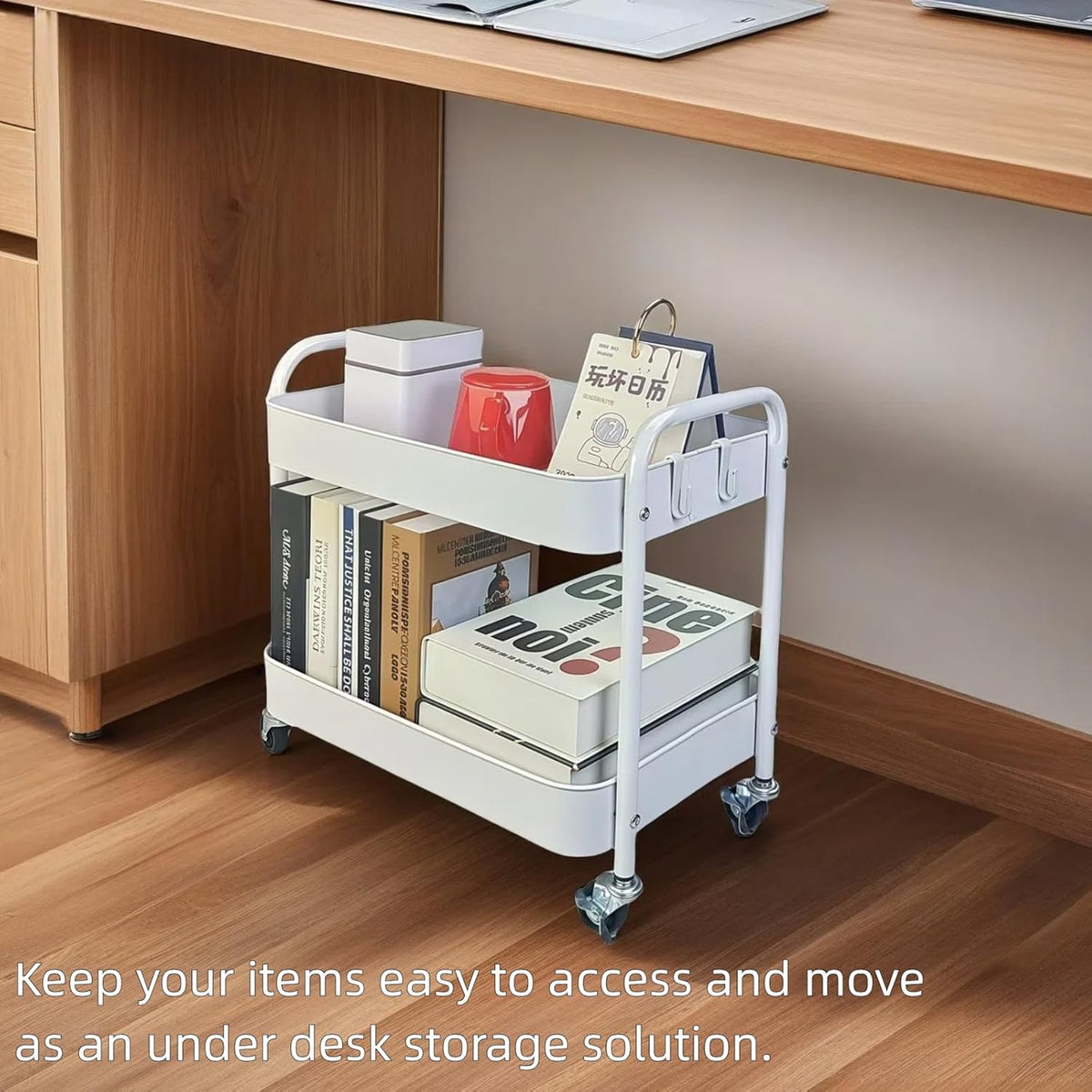 2 Tier Metal Rolling Cart with Wheels for Under Desk Storage & Pantry Storage, High Load-Bearing