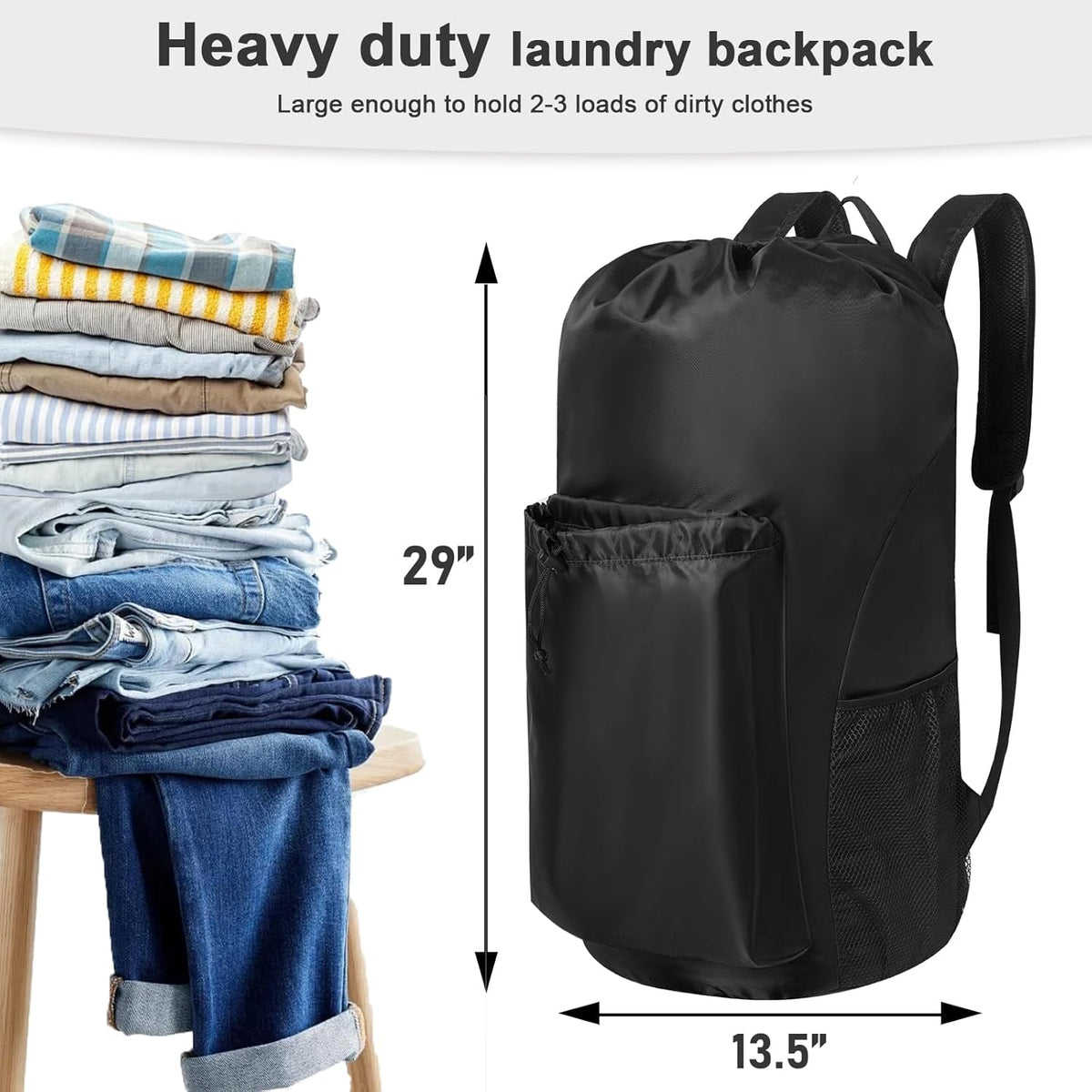 Polecasa Extra Heavy Duty Large Backpack Laundry Bag with Comfortable Padded Shoulder Straps & 4