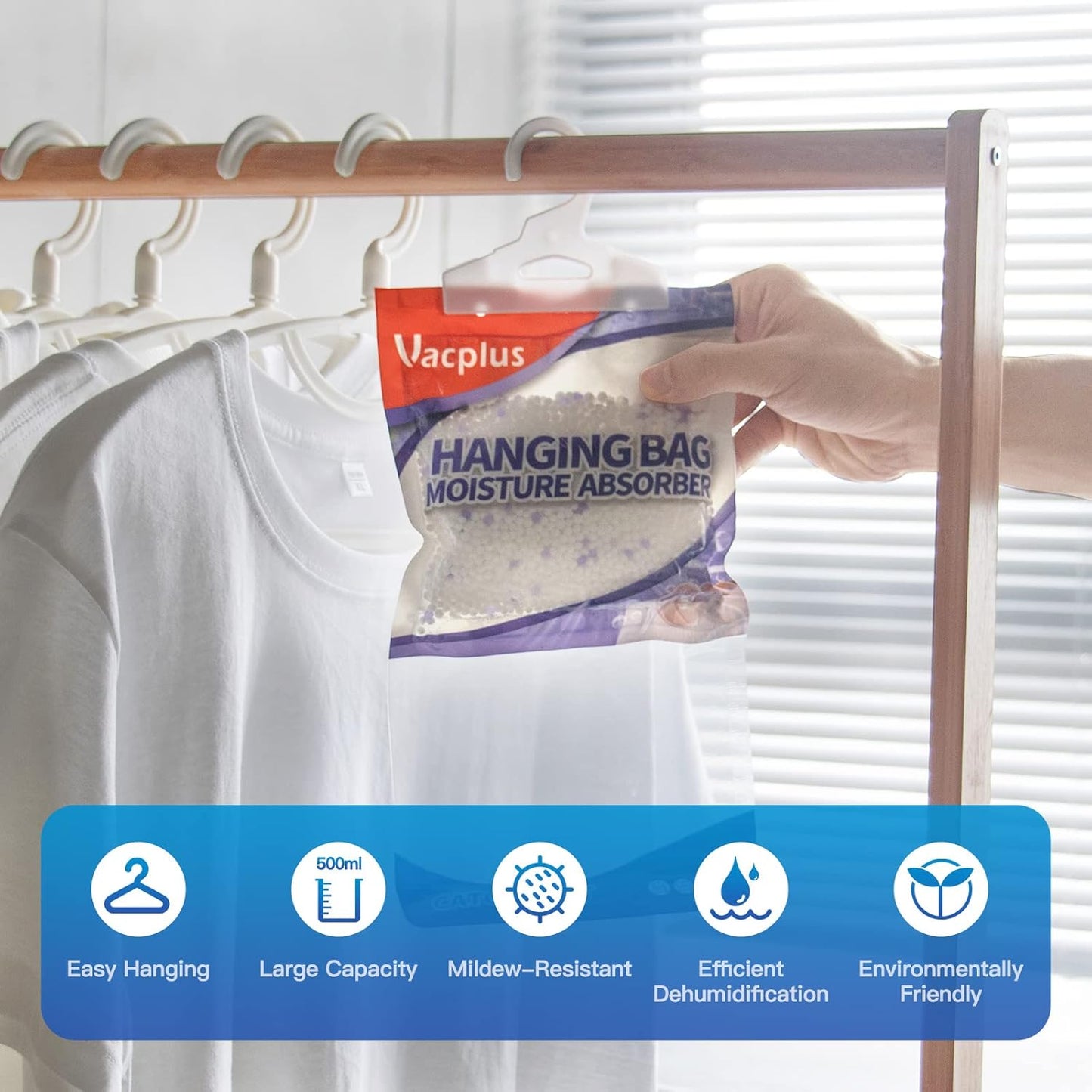 Vacplus Moisture Absorbers, Hanging Closet Dehumidifier Bags, Humidity Packs, Desiccant, Closet