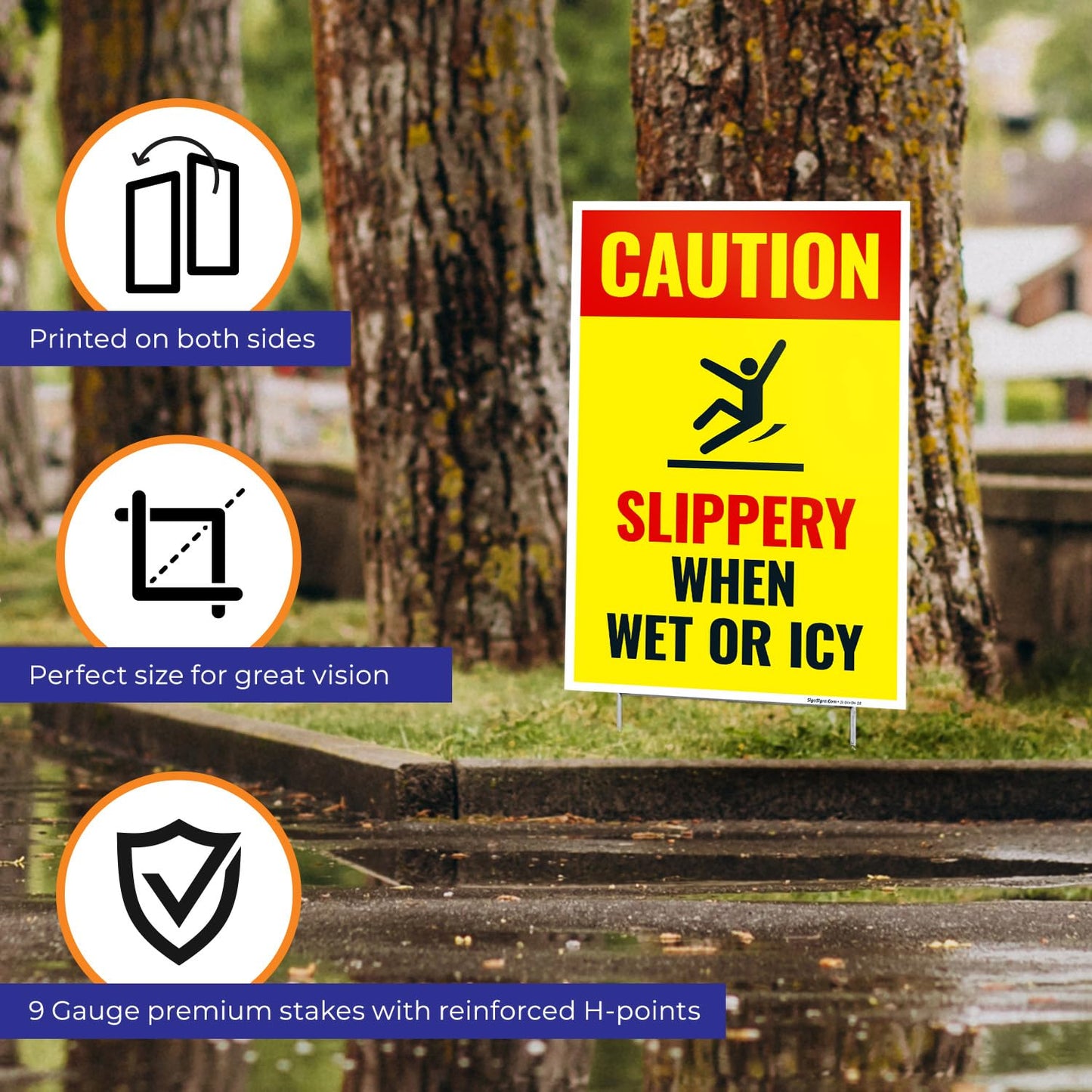 Caution Slippery When Wet or ICY Sign, (SI-84404) (2 Pack) Double Sided 12x18 Inches, Corrugated