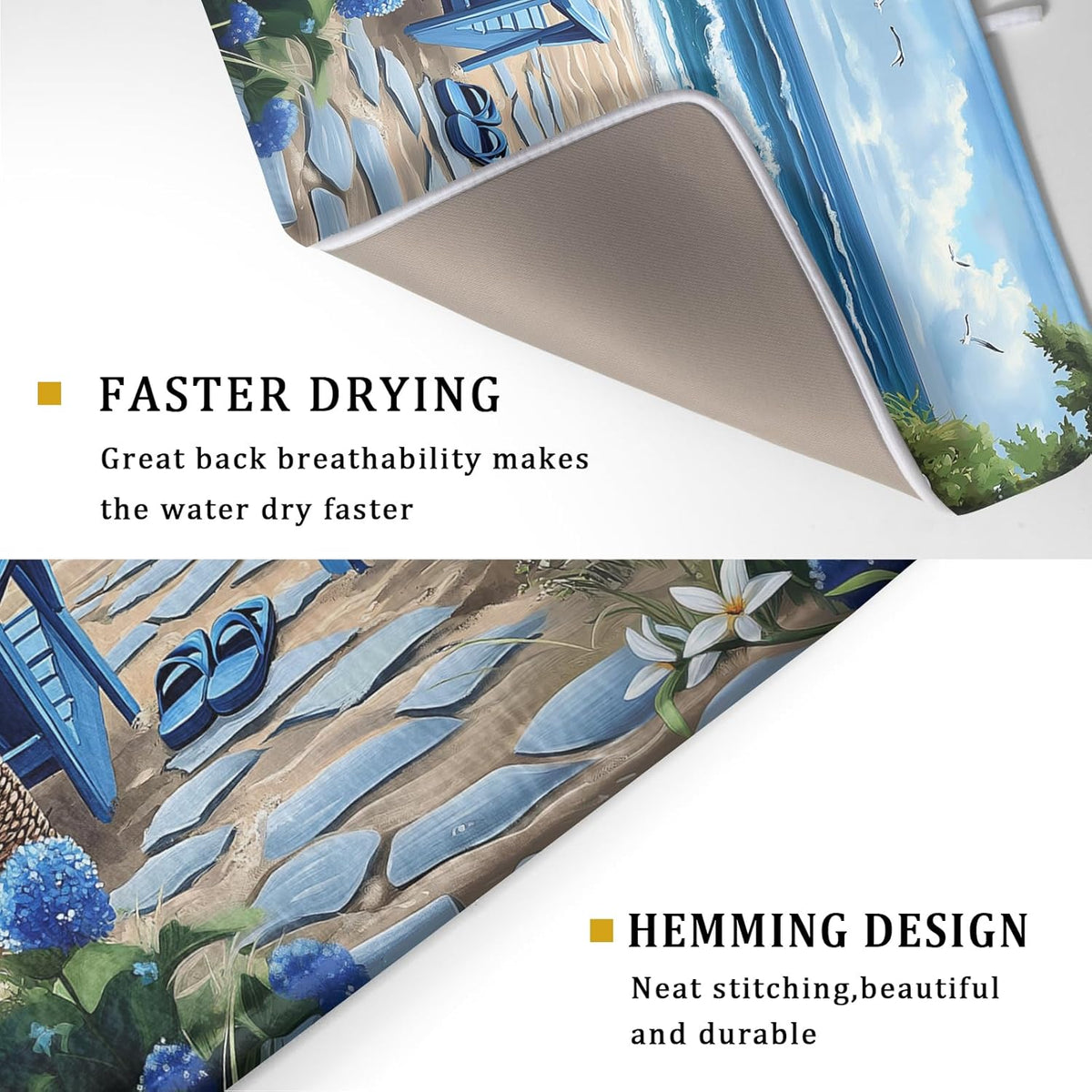 Summer Beach Dish Drying Mat 18x24 Inch Sea Shells Flowers Kitchen Mats Blue Microfiber Absorbent